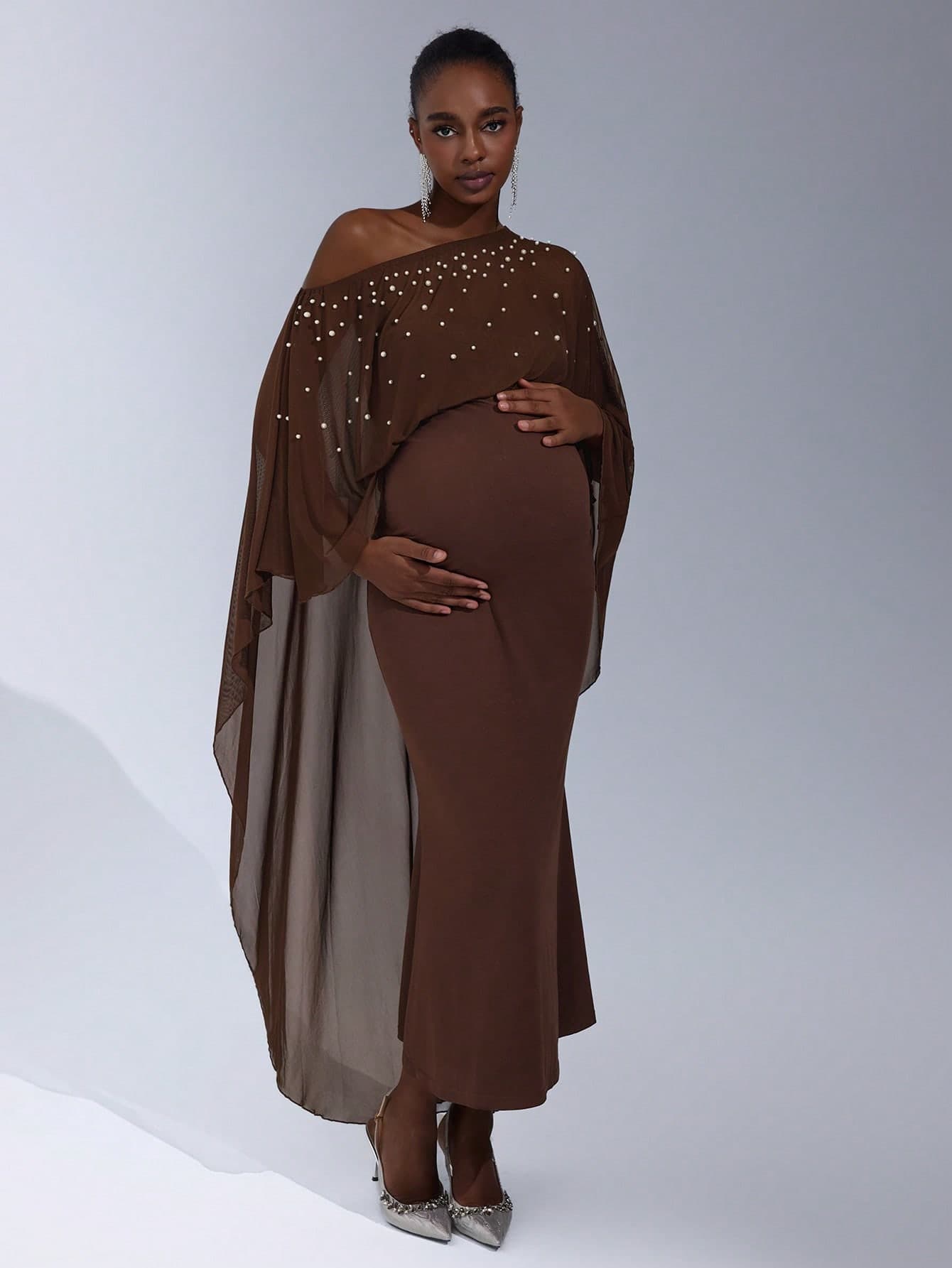 Cheriluna Maternity Solid Color Beaded Long Mesh Shawl Mermaid Hem Maternity Photoshoot Dress