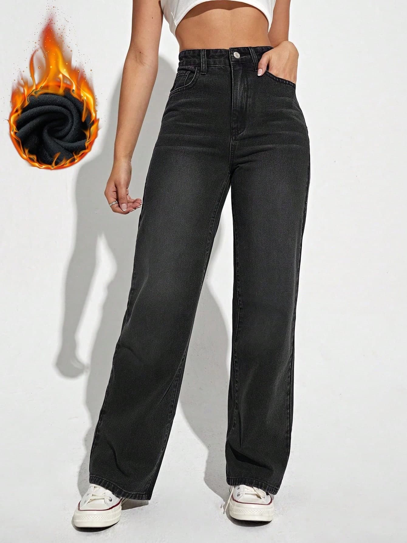 EMERY ROSE Solid Color Straight Leg Casual Thermal Lined Jeans With Pockets