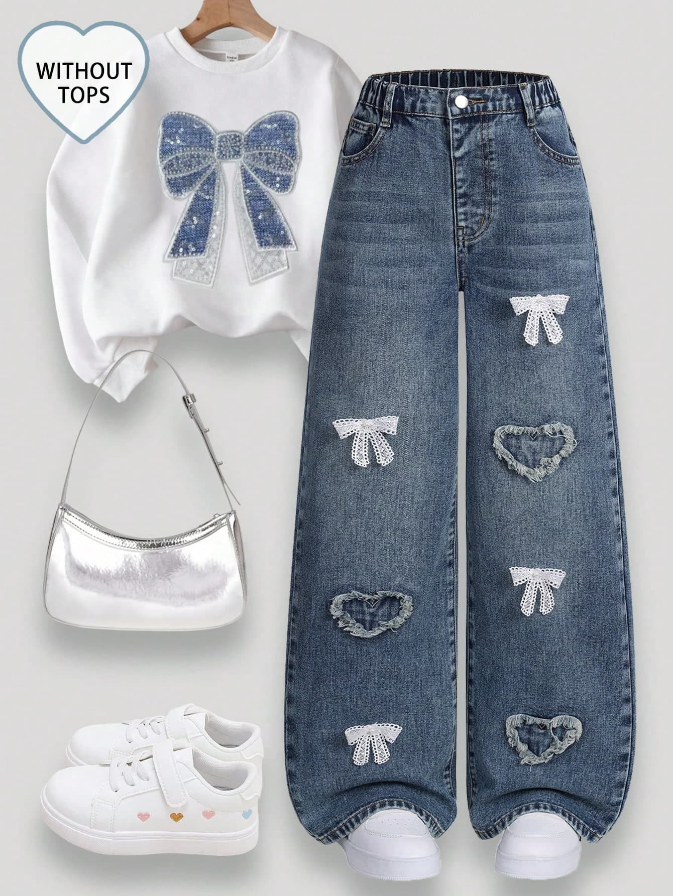 SHEIN Elladie kids Denimly Tween Girl Loose Fit Light Blue Denim Jeans,Wide Leg Elastic Waist Pants With Heart Embroidery,Aqua Blue,Autumn,Cute,School,Back-To-School