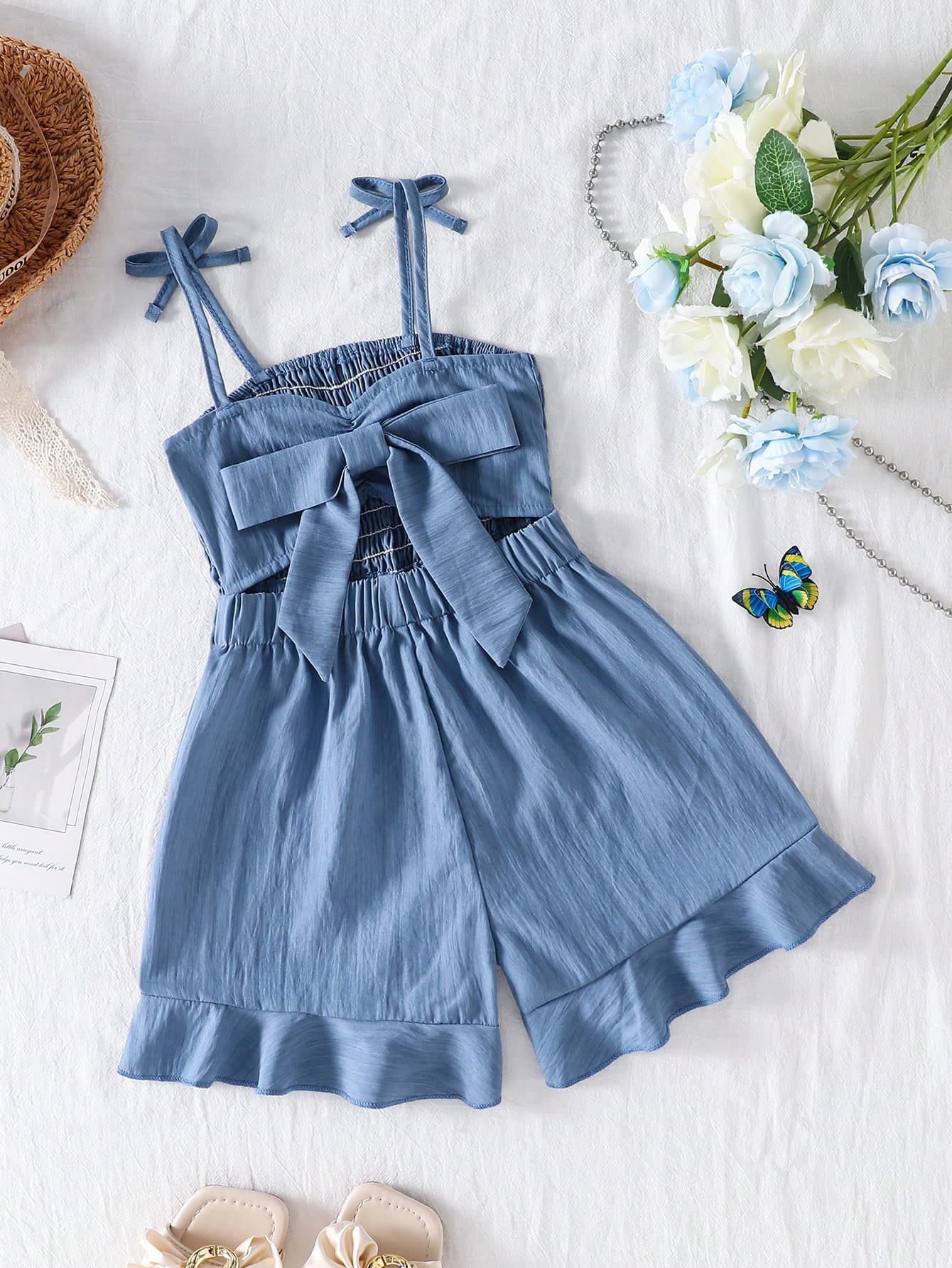 Genkimix Kids Dark Blue Summer Young Girl Romper,Elegant Spaghetti Strap Woven Resort Wear For Family Vacation,Matching Toddler Outfits,Casual Snug Fit Jean Dress