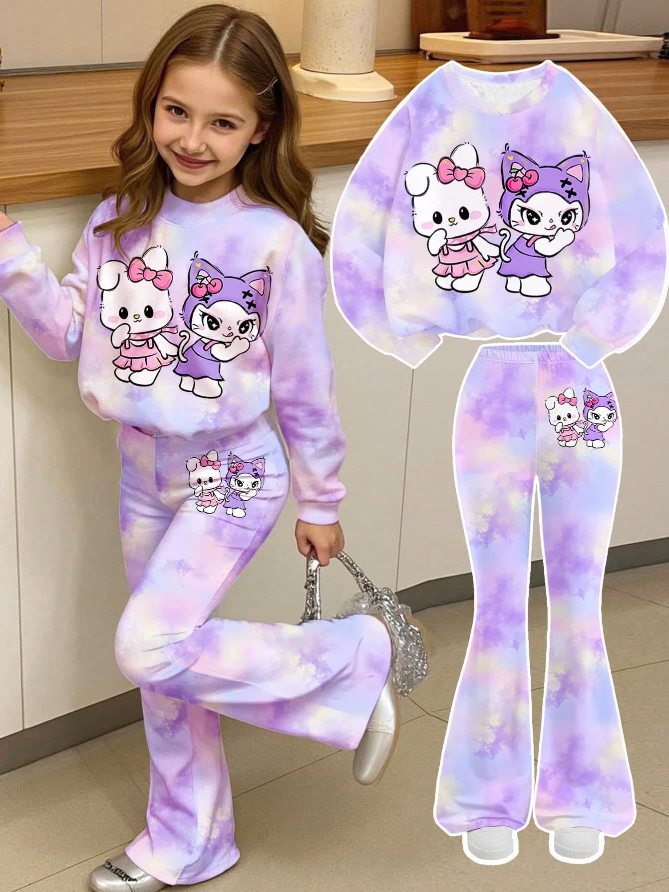 SHEIN Kids Back-To-School Dopamine Tie- Print Lavender Cute Cartoon Animal Young Girl Light Pink Summer School Sweatshirt&Flare Autumn Pants 2pcs Set