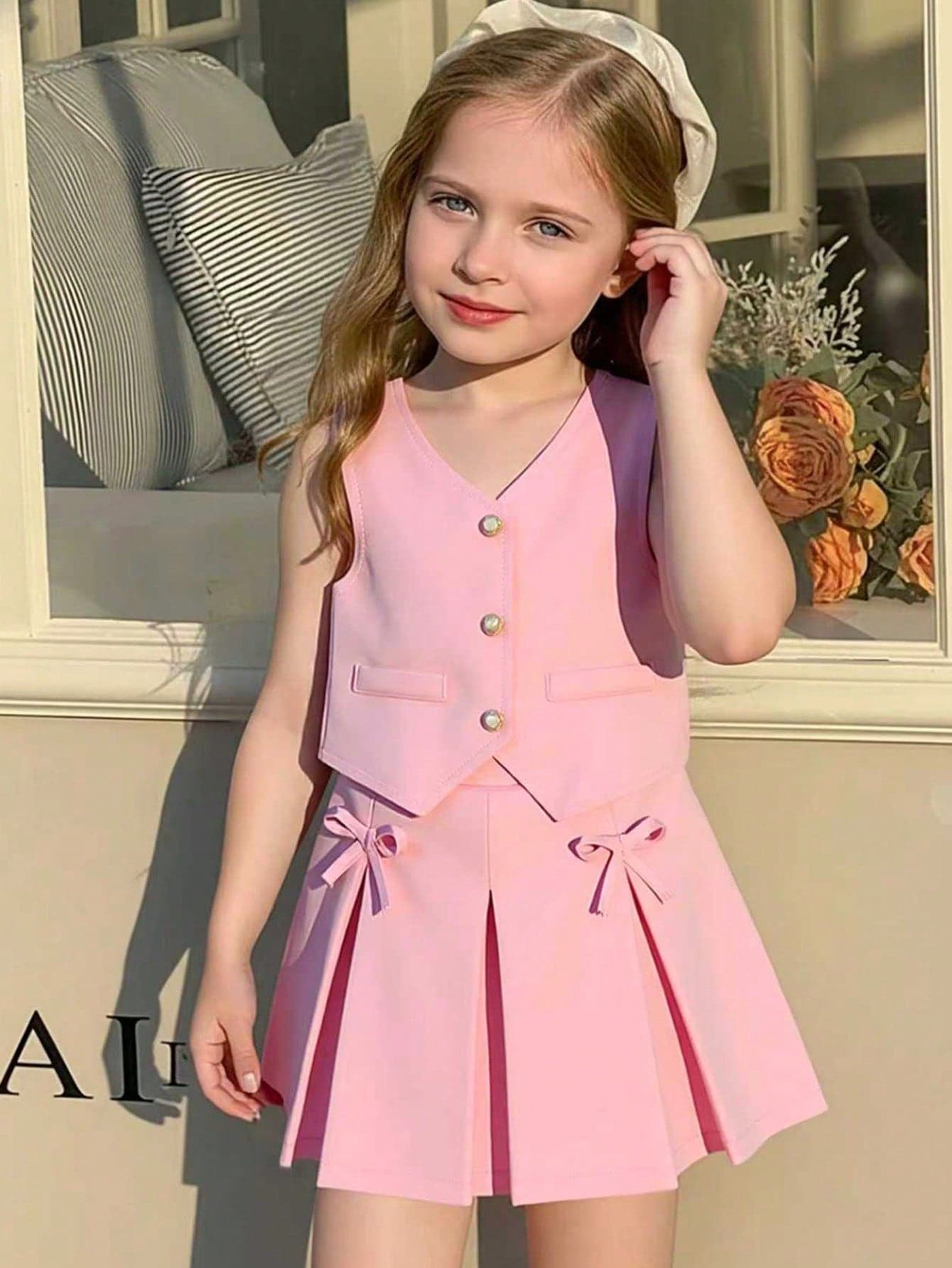 Souflis Souflis Young Girls Stylish Pink Polyester Tank Top And Pleated Skirt Co-Ord Set With Bow Accent Everyday Wear