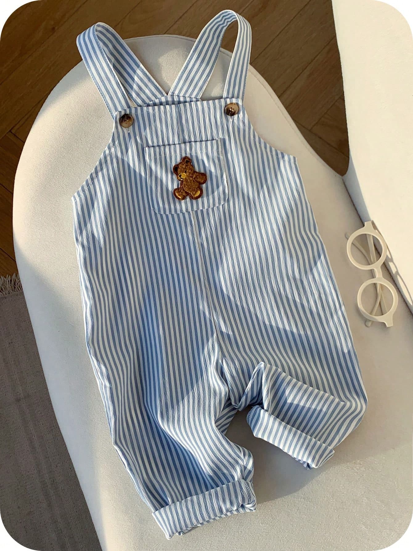 SHEIN Baby Boy Casual Cute Versatile Striped Cartoon Bear Pattern Bib Jumpsuit Baby Boy Overall Set