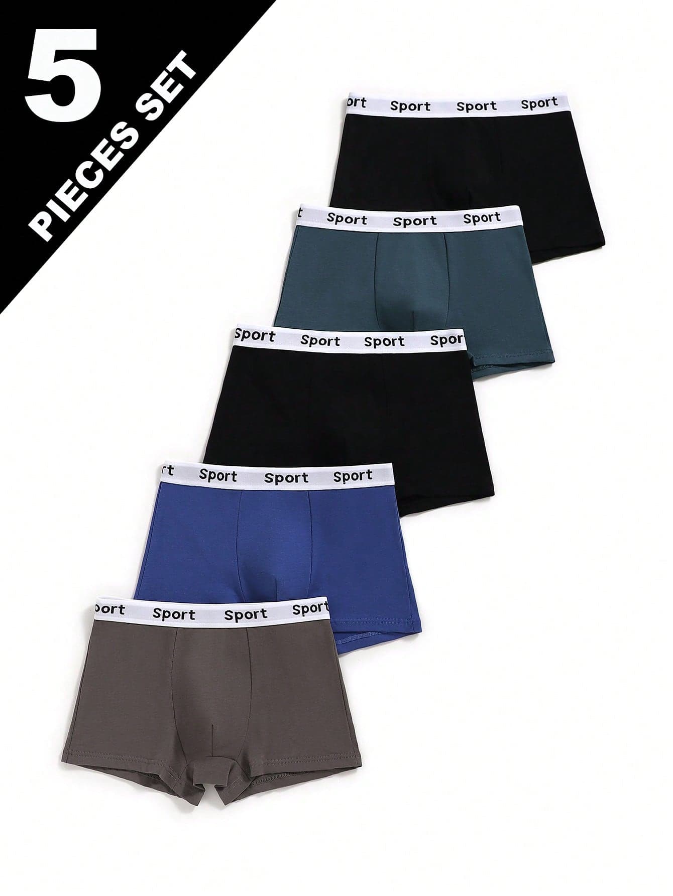 Tween Boys 5-Pack Solid Color Cotton Underwear Set,Sport Letter Waistband Design,Elastic Waist,Basketball Gym Combat Baggy Black Gray Blue Brown