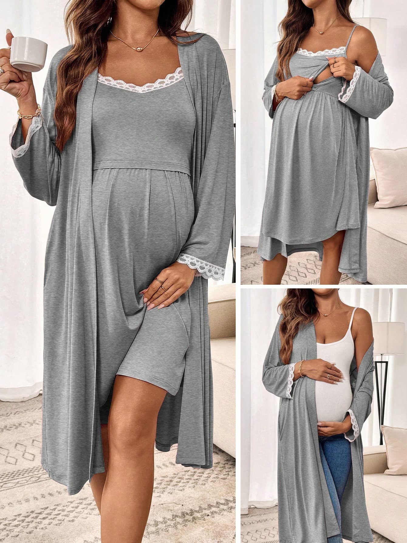 Slowluna 2pcs Maternity Lace Trim Robe And Camisole Nightgown Set Fall