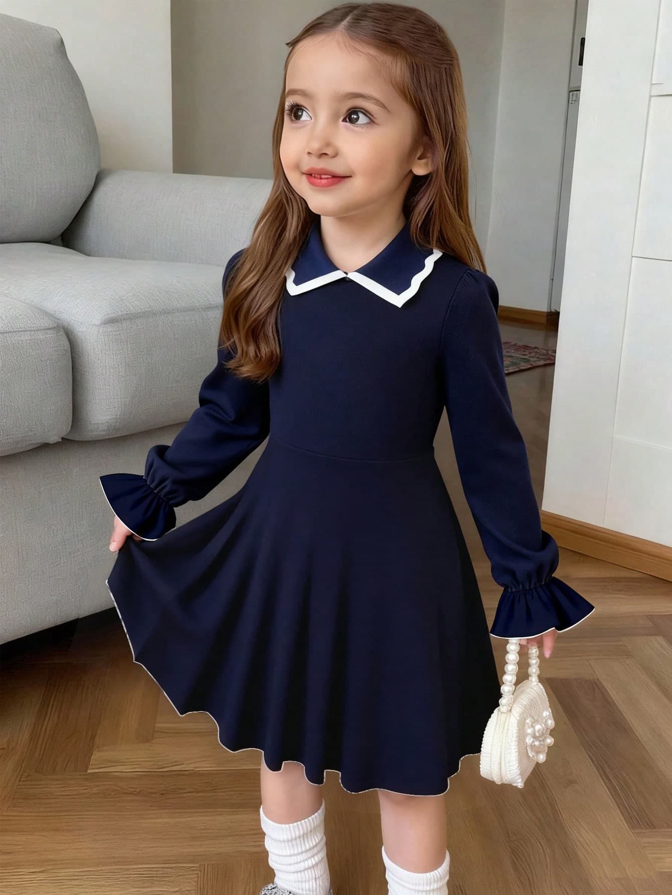 Elladie kids Young Girl's Casual Collegiate French Chic Peter Pan Collar High-End Dress, Suitable For Spring And Autumn Back-To-School School Navy Blue