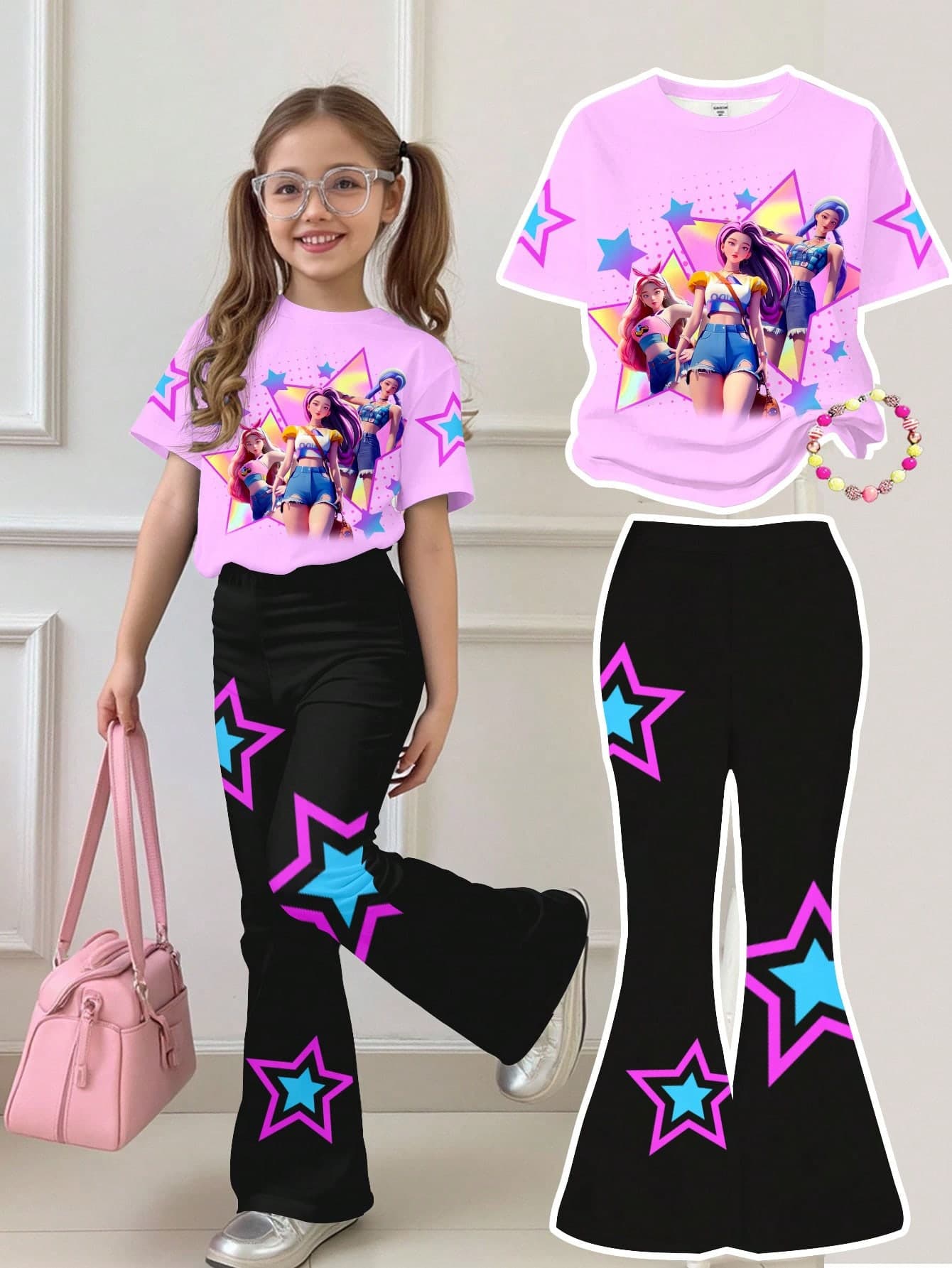 SHEIN 2pcs/Set Pink K-Pop Cartoon Young Girls Loose Fit Round Neck Short Sleeve T-Shirt And Flare Pants,Casual Outfit For Spring/Summer Daily Wear Outings