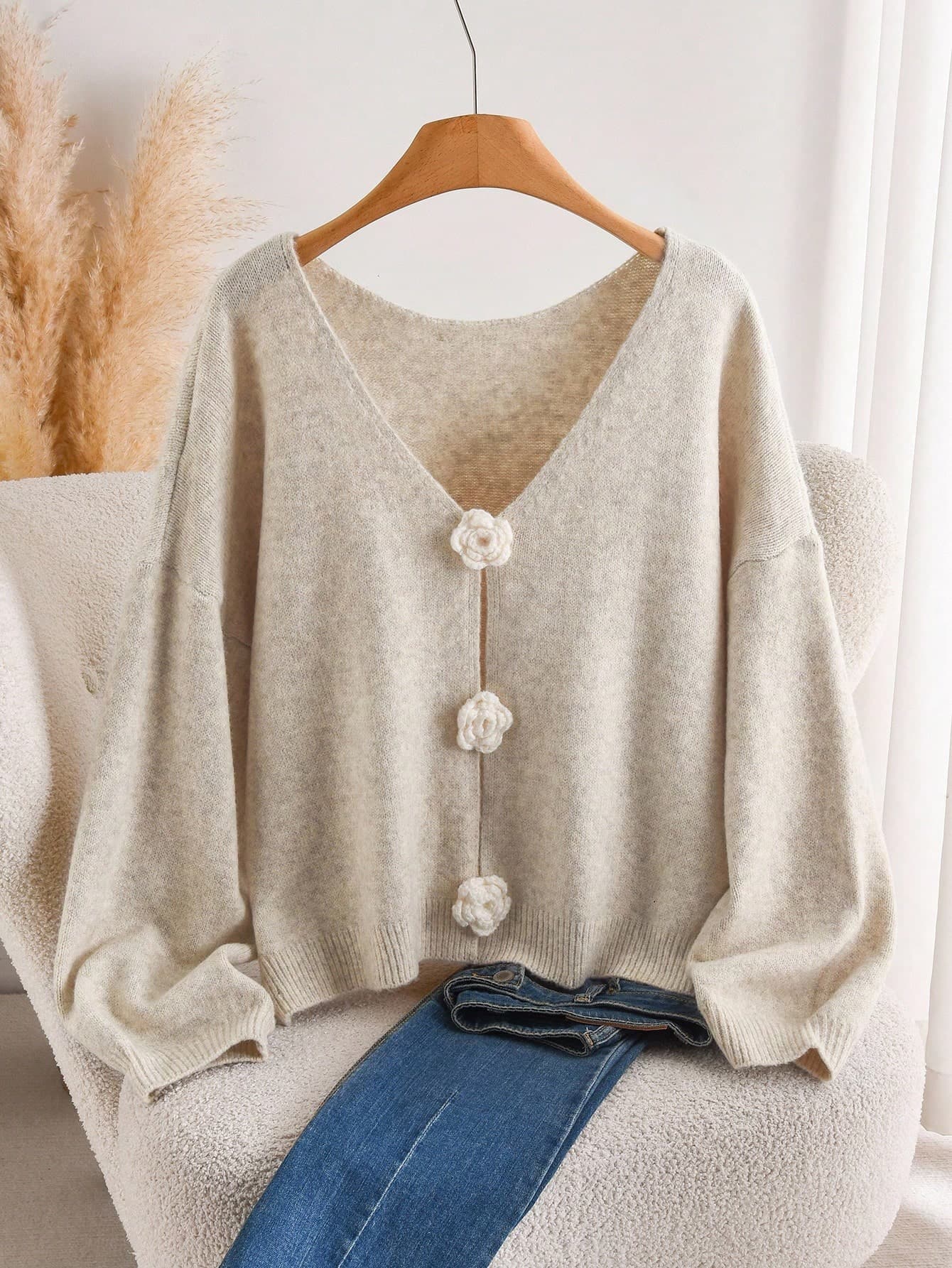 CosyJoli Plus Size Casual Loose V-Neck Floral Jacquard Pullover Sweater Autumn Winter Clothes For Women Fall/Winter