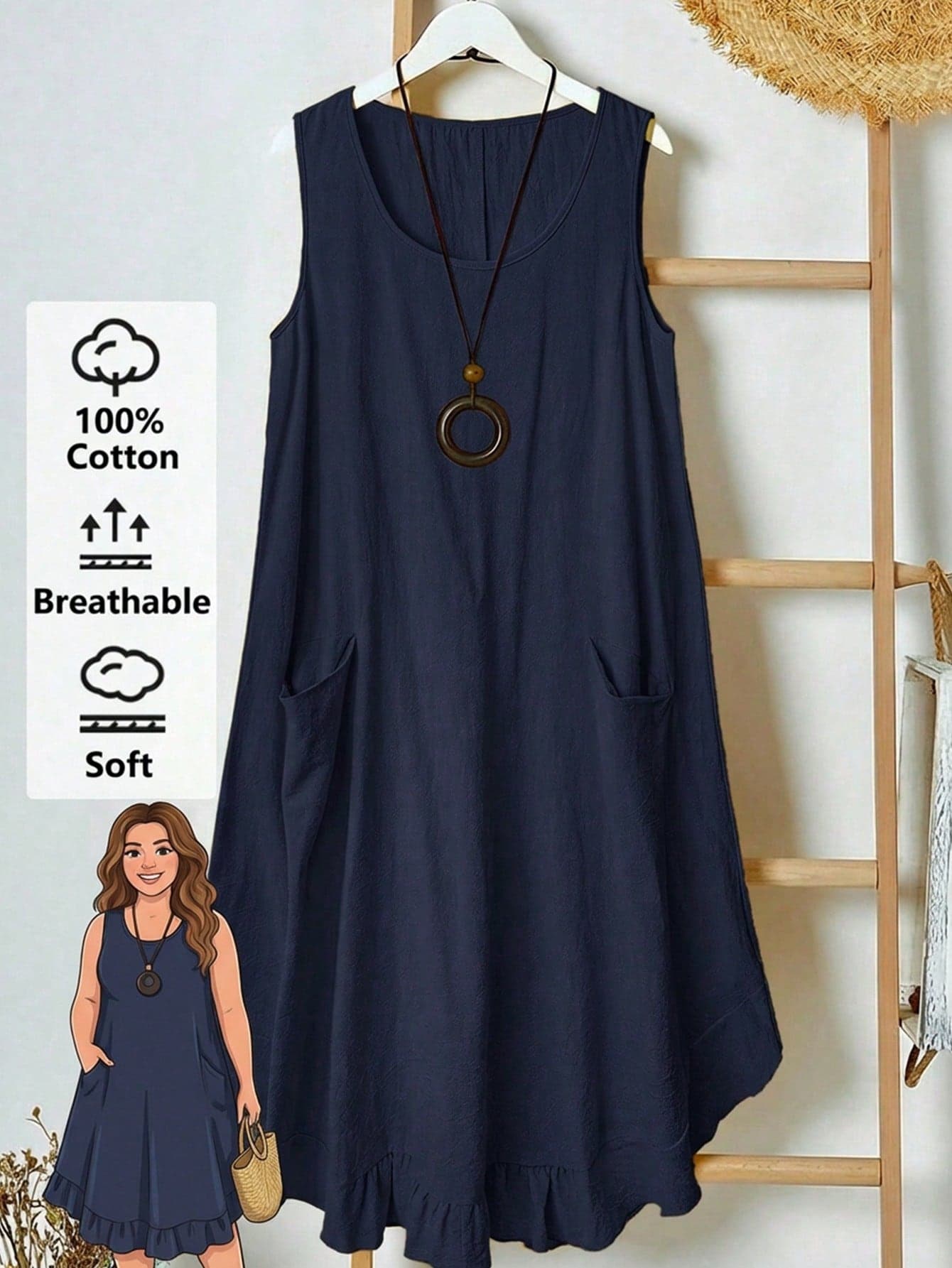 Rusticease Plus Size Country Style Sleeveless Pocket Pleated Hem A-Line Midi Dress, Yellow, Spring/Summer,Holiday Outfits For Women