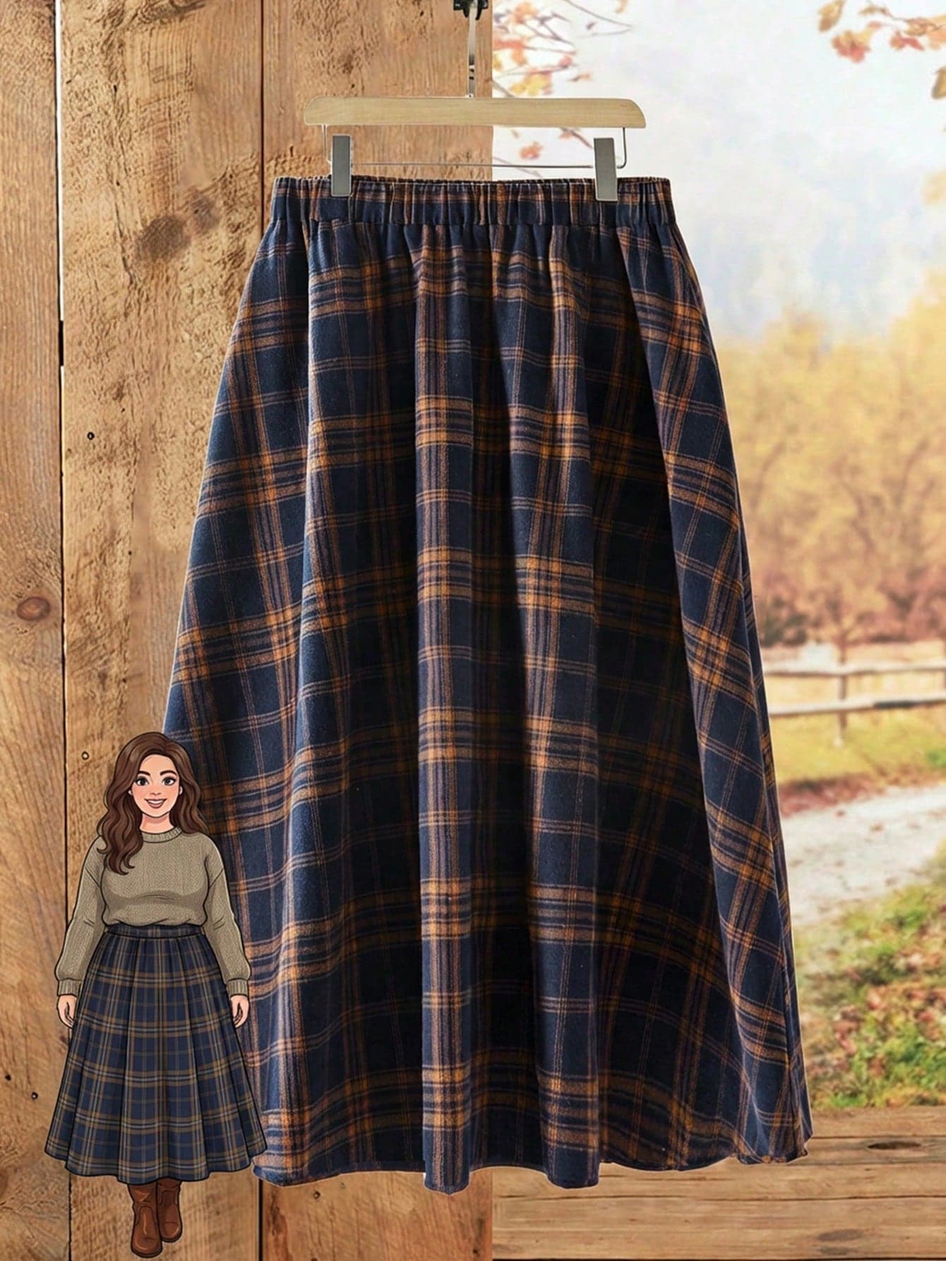 Rusticease Plus Size Women Country Casual Plaid Elastic Waist Flare Skirt Womentartan Skirtlong Skirt Back-To-School Formal Graduation Navy Blue Fall