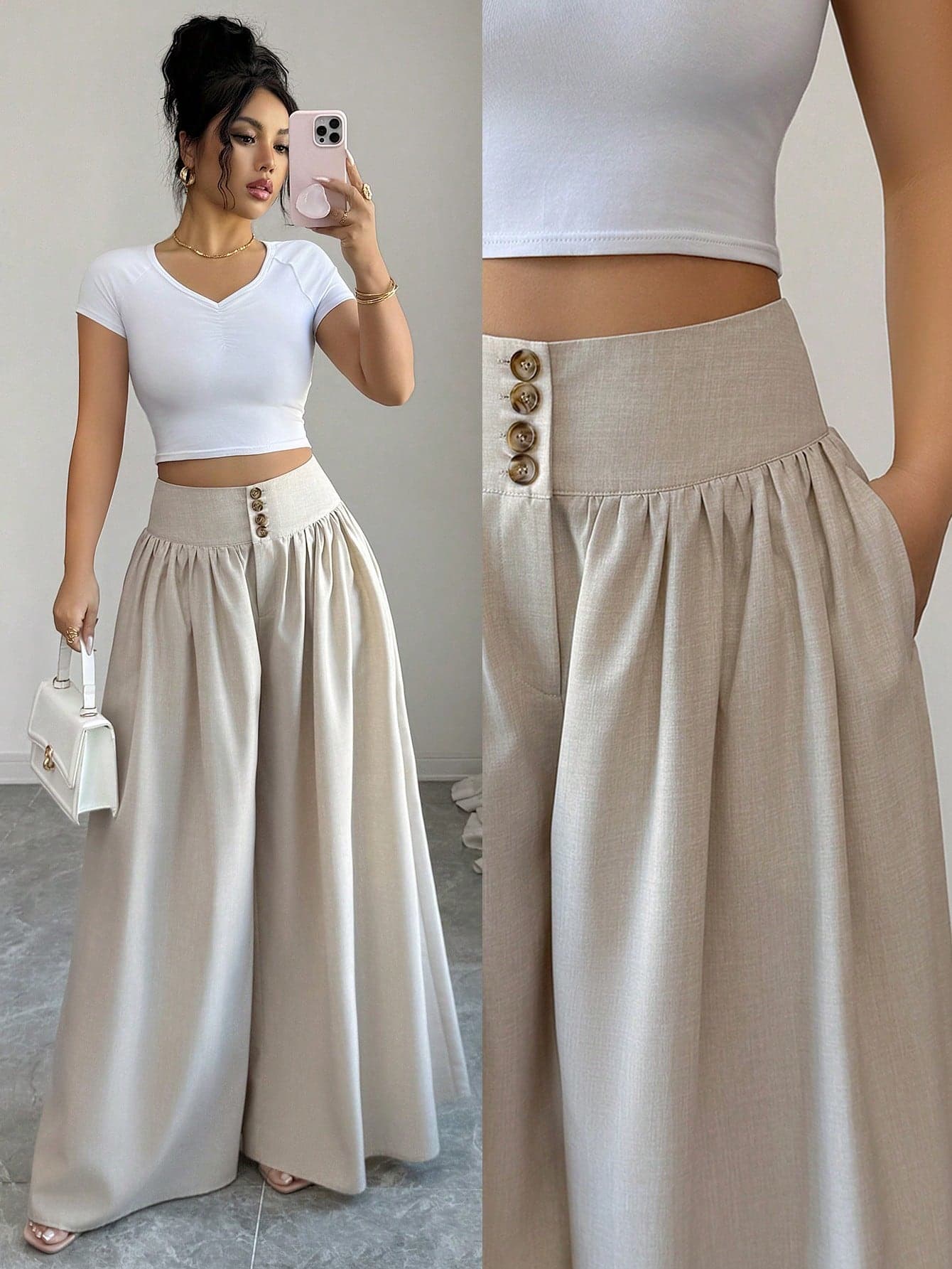 Elenzga Women's Elegant Beige Summer Vacation Holiday Loose Wide Leg Pants,Fashion Floral Buckle Design Palazzo Trousers,Pleated Casual Woven Fabric Pants