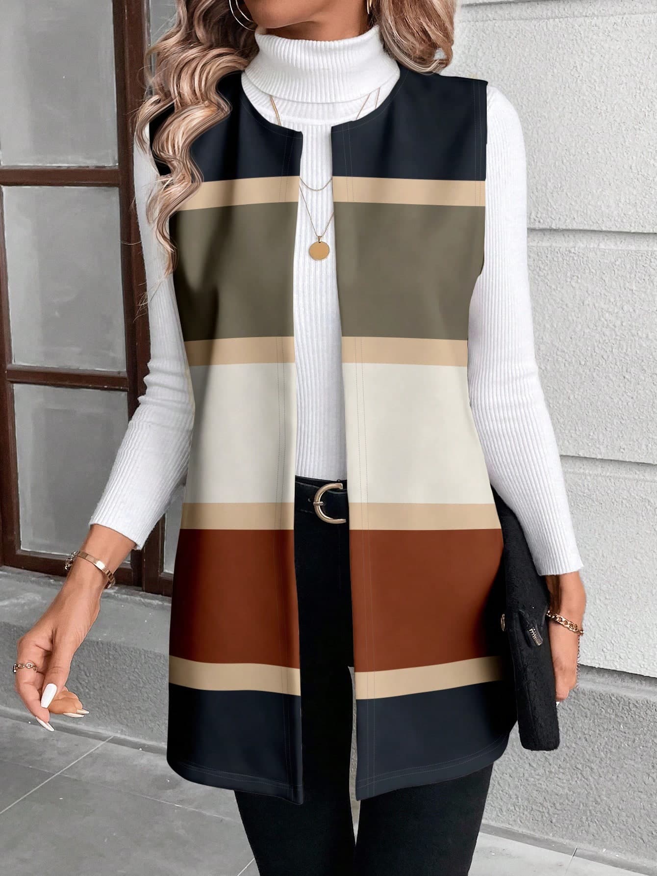 EMERY ROSE Plus Size Women Casual Colorblock Striped Print Jacket, Vest Outerwear, Suitable For New Year, Office, Outdoor Wear, Autumn Spring Fall