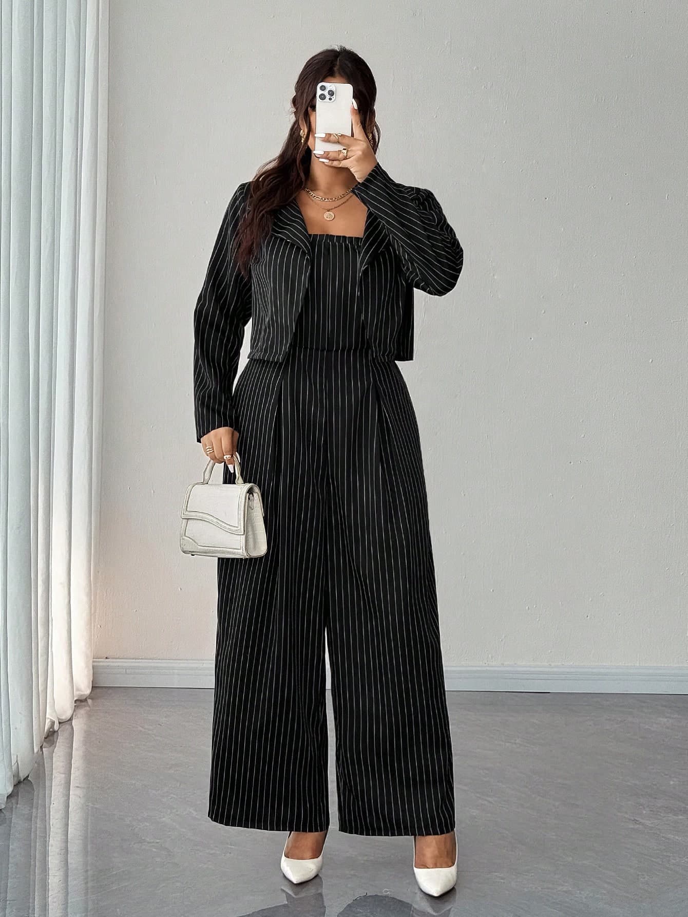 Elenzga Women's Black And White Striped Two-Piece Set,Cropped Blazer & Strapless Jumpsuit,Wide-Leg Pants,Elegant Office Outfit For Summer,Workplace & Holiday