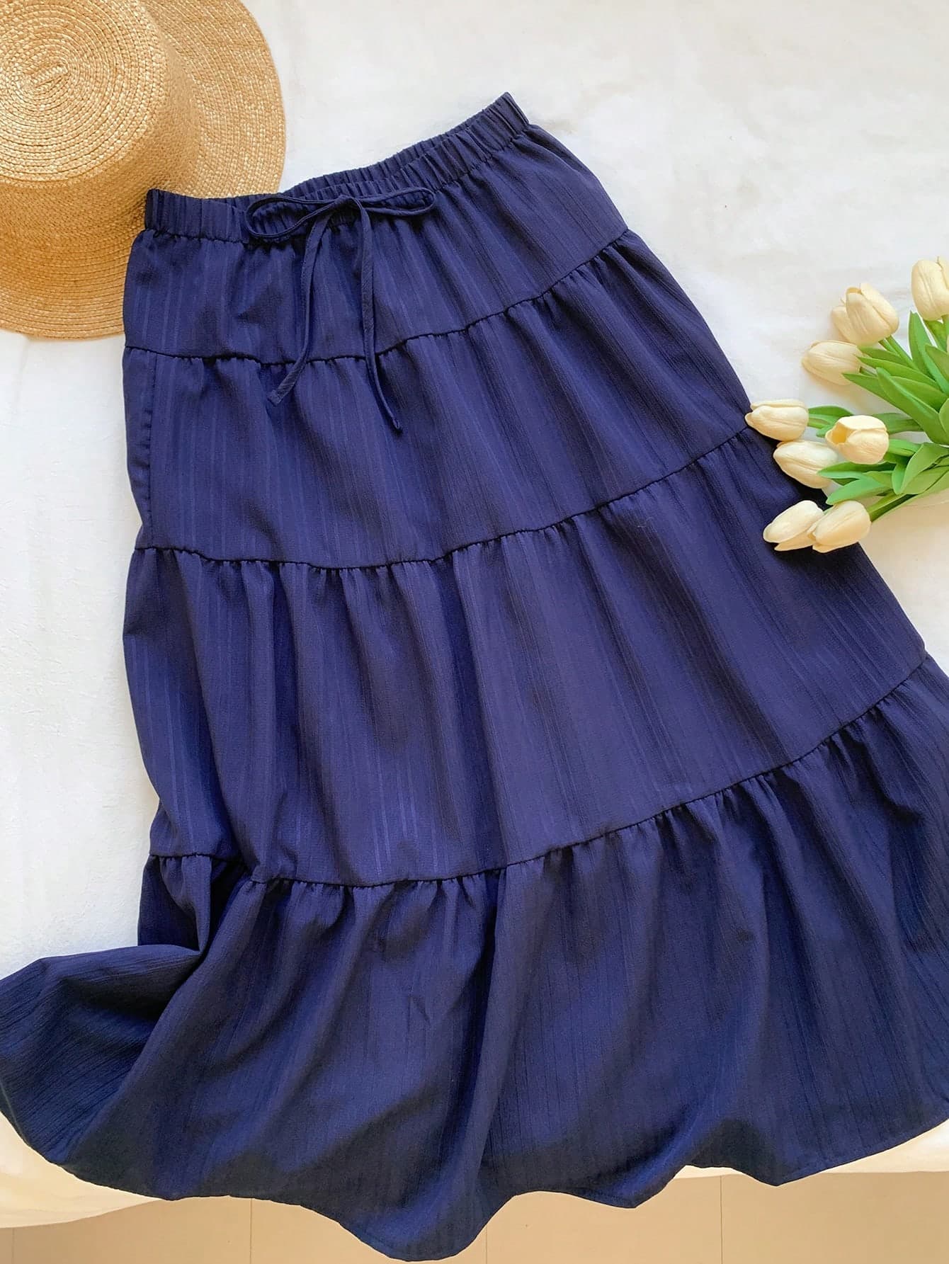 Comfortcana Women's Casual Solid Color Textured Low Waist Pleated A-Line Skirt