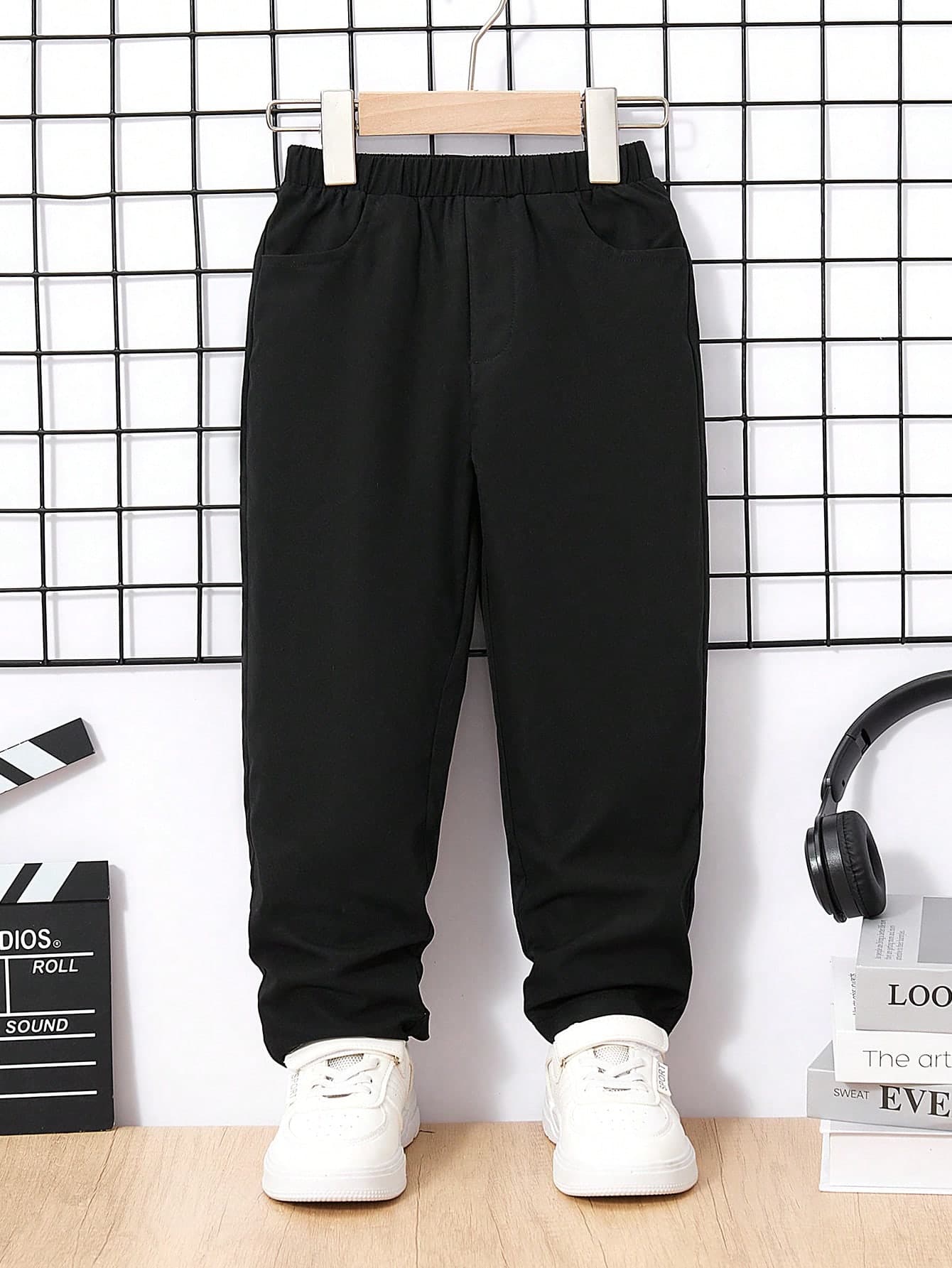 Toddler Boys Classic Black Woven Pants,Straight-Leg Soft & Comfortable Trousers For Daily Wear Outings,School,Back-To-School