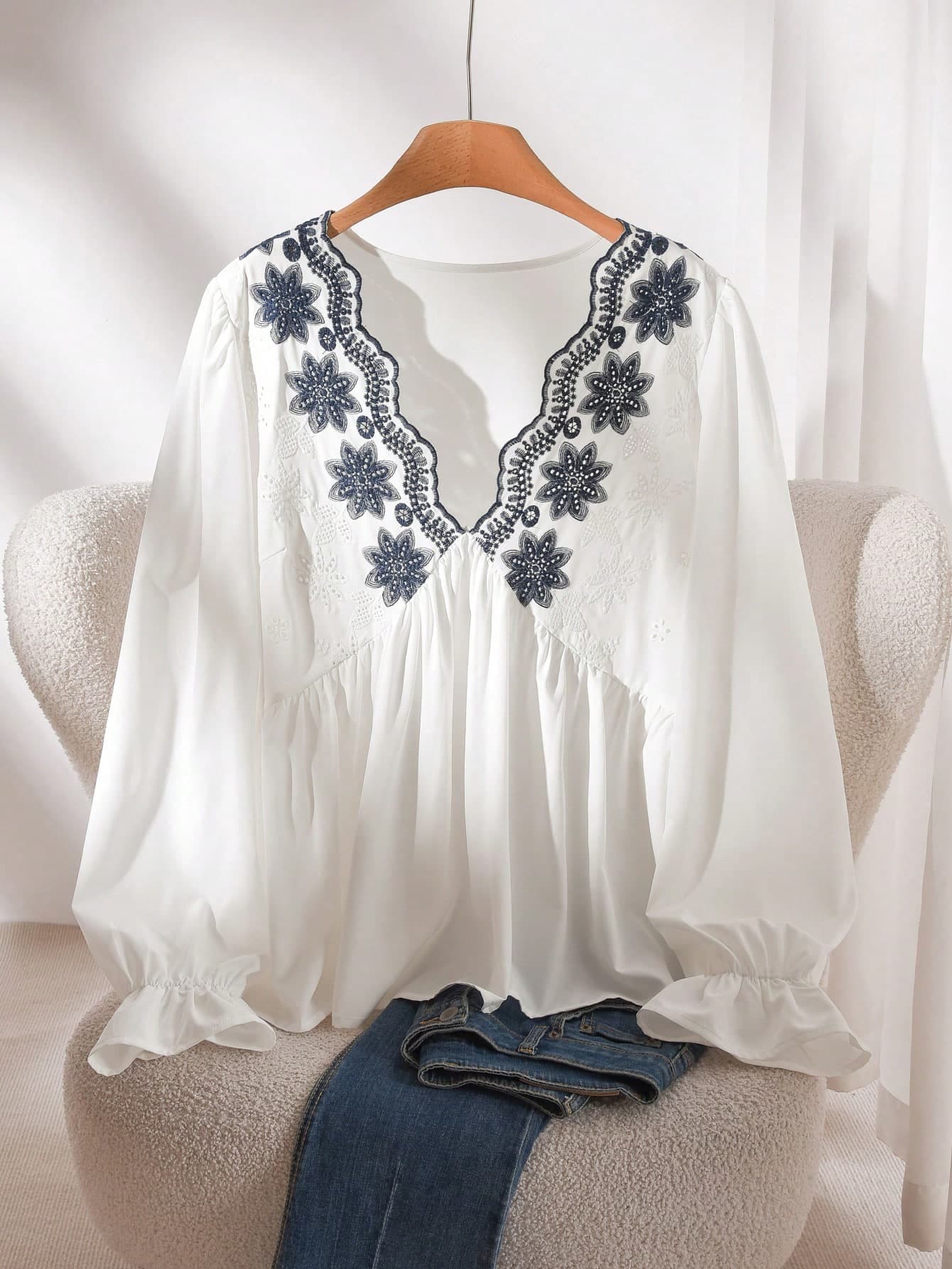 CosyJoli Plus Size V-Neck Embroidered Waist A-Line Blouse White Boho Top Casual For Women Boho Tops For Women Fall
