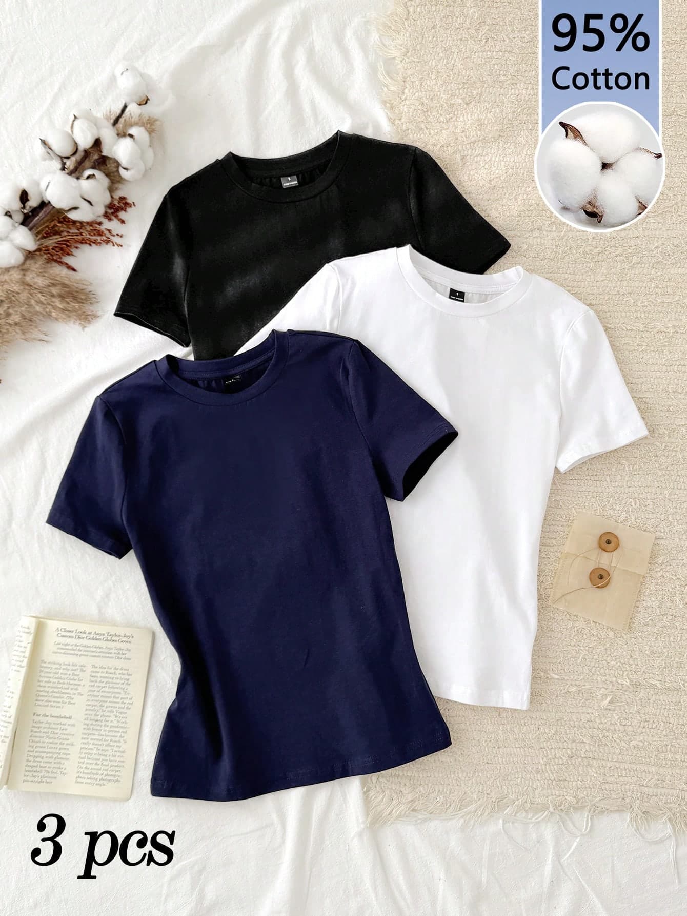 Tseoso 3pcs/Set 95% Cotton Slim-Fit Women's Crew Neck Short Sleeve T-Shirt,Navy Blue And White,Black,Grey,Summer,Casual,Everyday Versatile Basic Fitted Tops