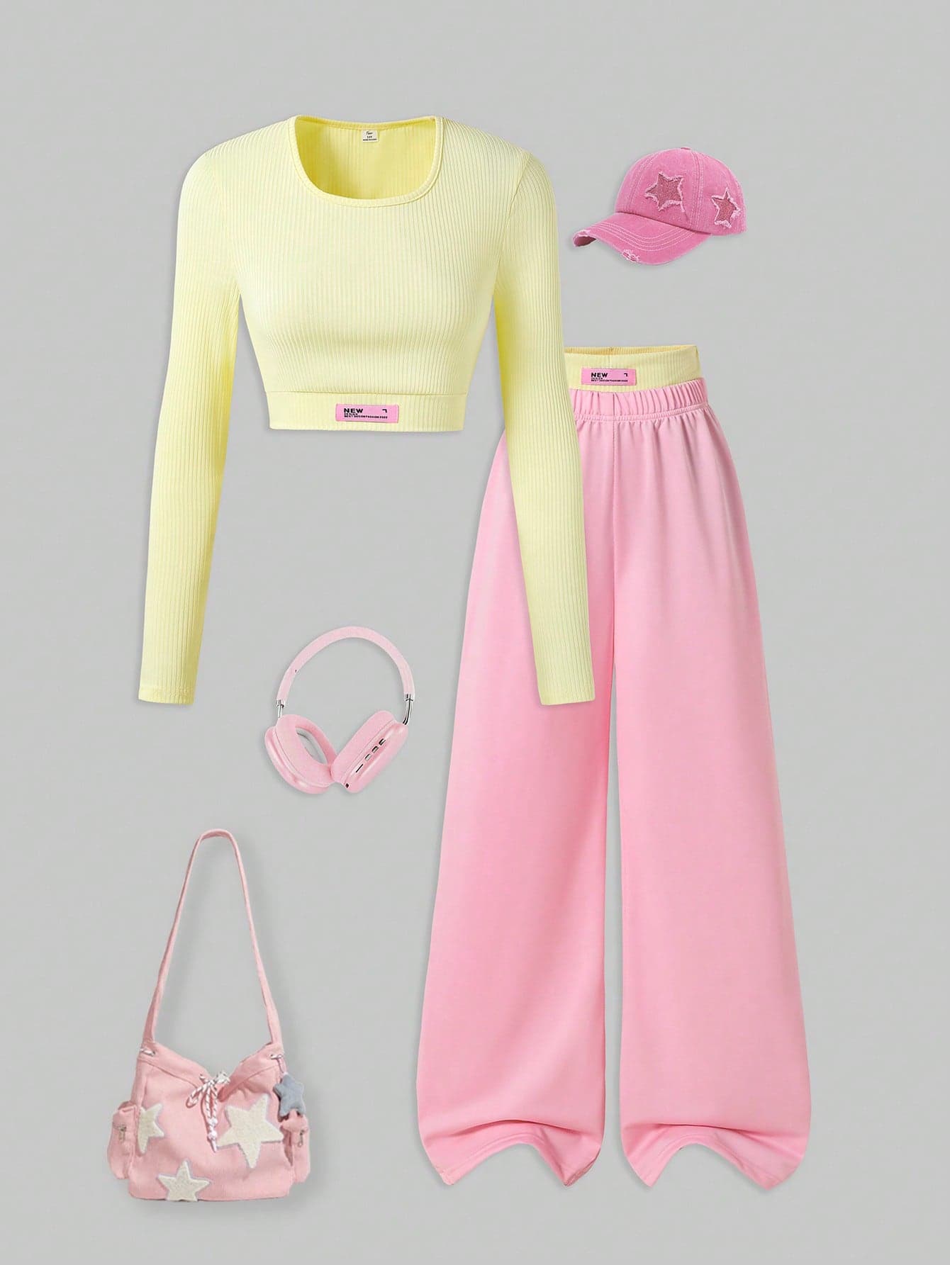 Sparklyn 2pcs/Set Teenage Girls Casual Fitted T-Shirt,Straight Leg Sweatpants,Yellow Tee,Pink Pants,Letter Patch,Light Pink,Summer,Y2k,Holiday,Daily Outdoor