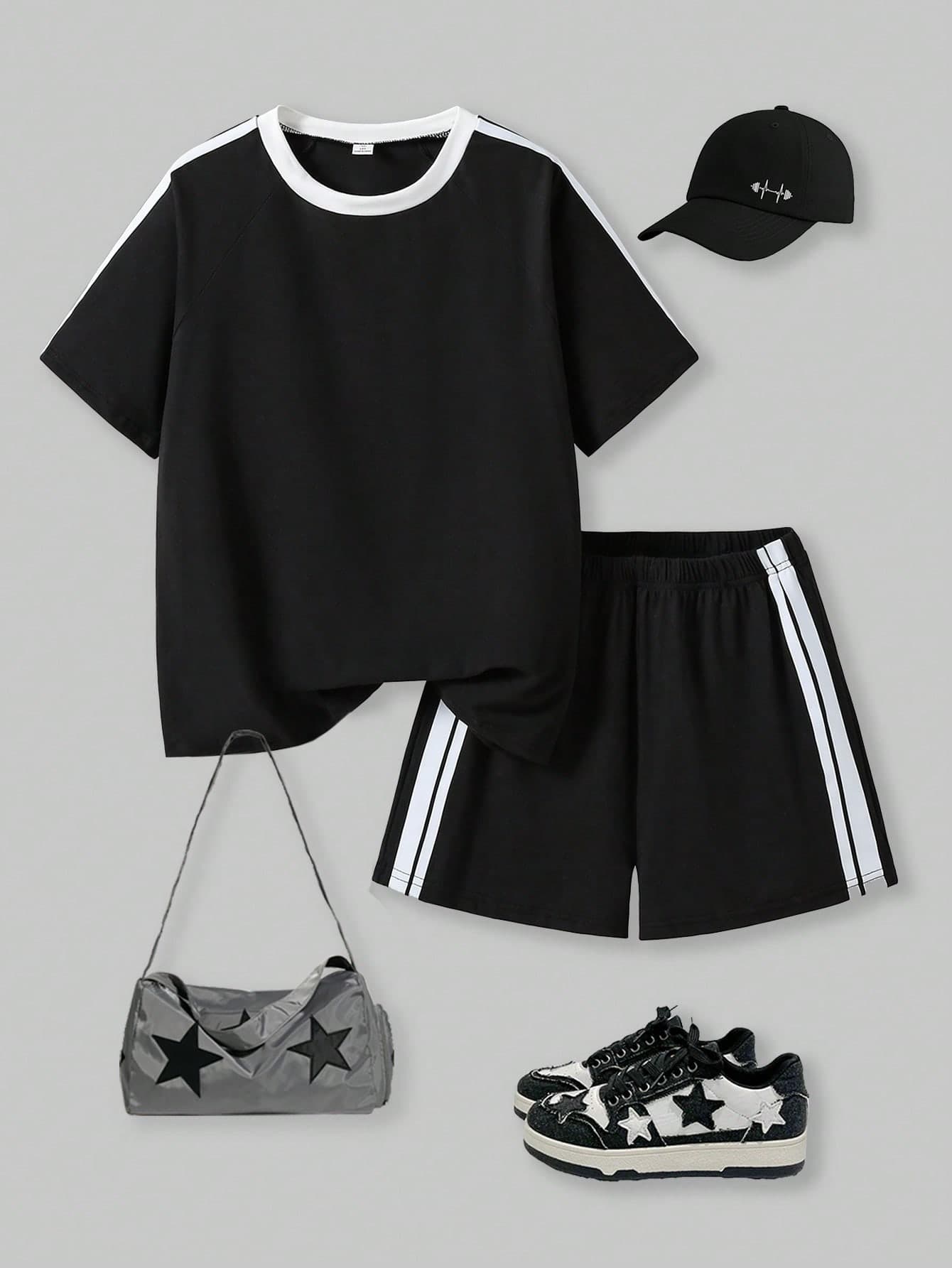 SHEIN ChillGRL Teenage Girls 2-Piece Set,Summer Streetwear Black And White Contrast Knit Crew Neck Short Sleeve T-Shirt And Comfortable Gym Sports Shorts