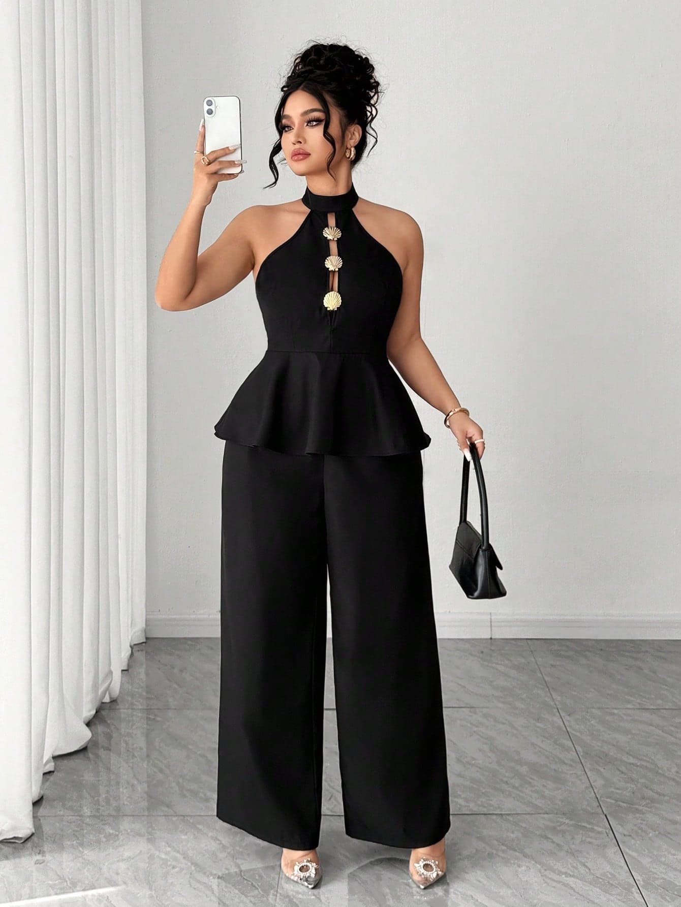 Elenzga Elegant Black Sleeveless Halterneck Plus Size Jumpsuit With Stand Collar And Shell Button Details Perfect Classy Co Ord Set