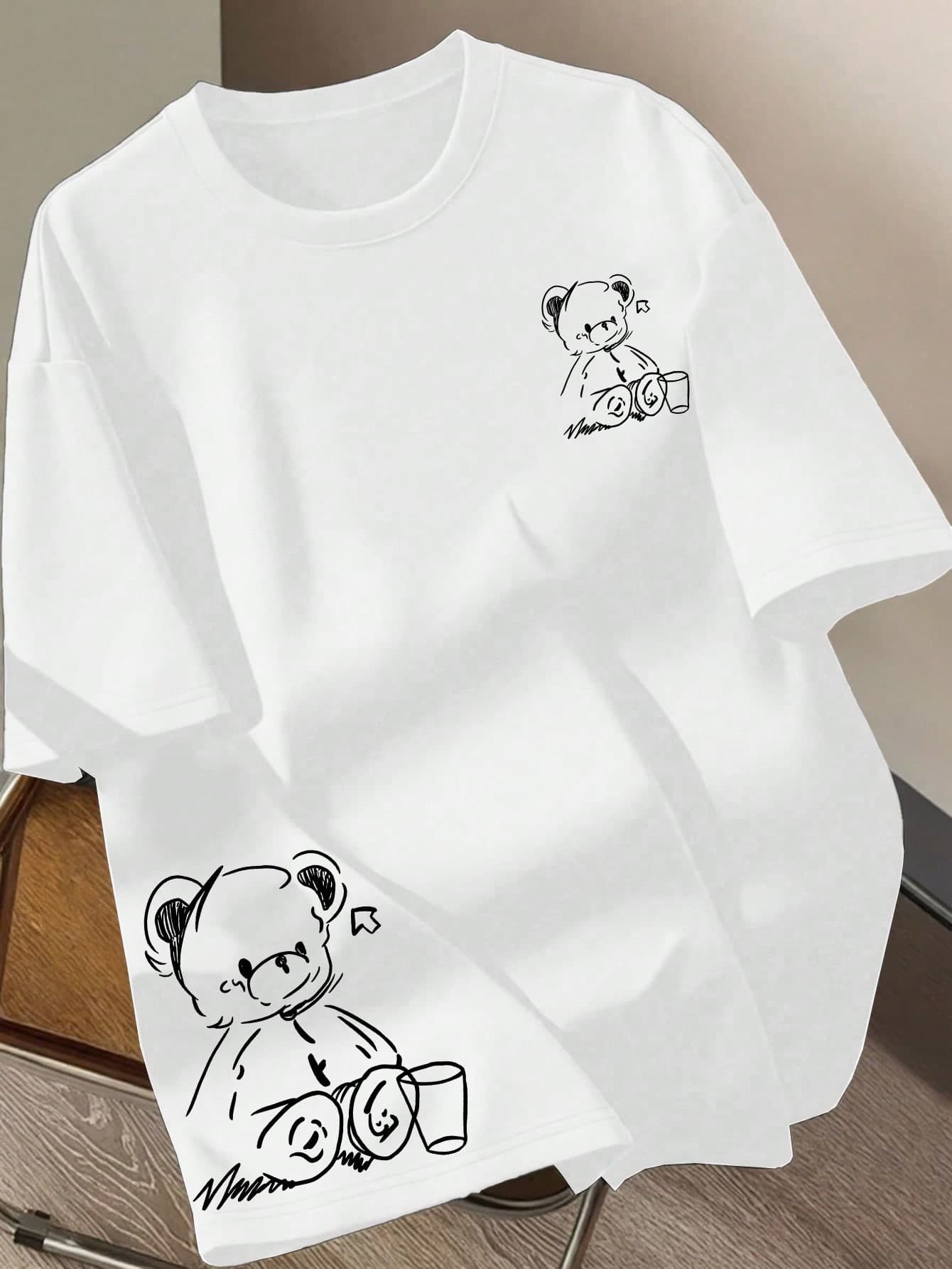 INAWLY Women's Casual Cartoon Bear Print Round Neck Short Sleeve T-Shirt