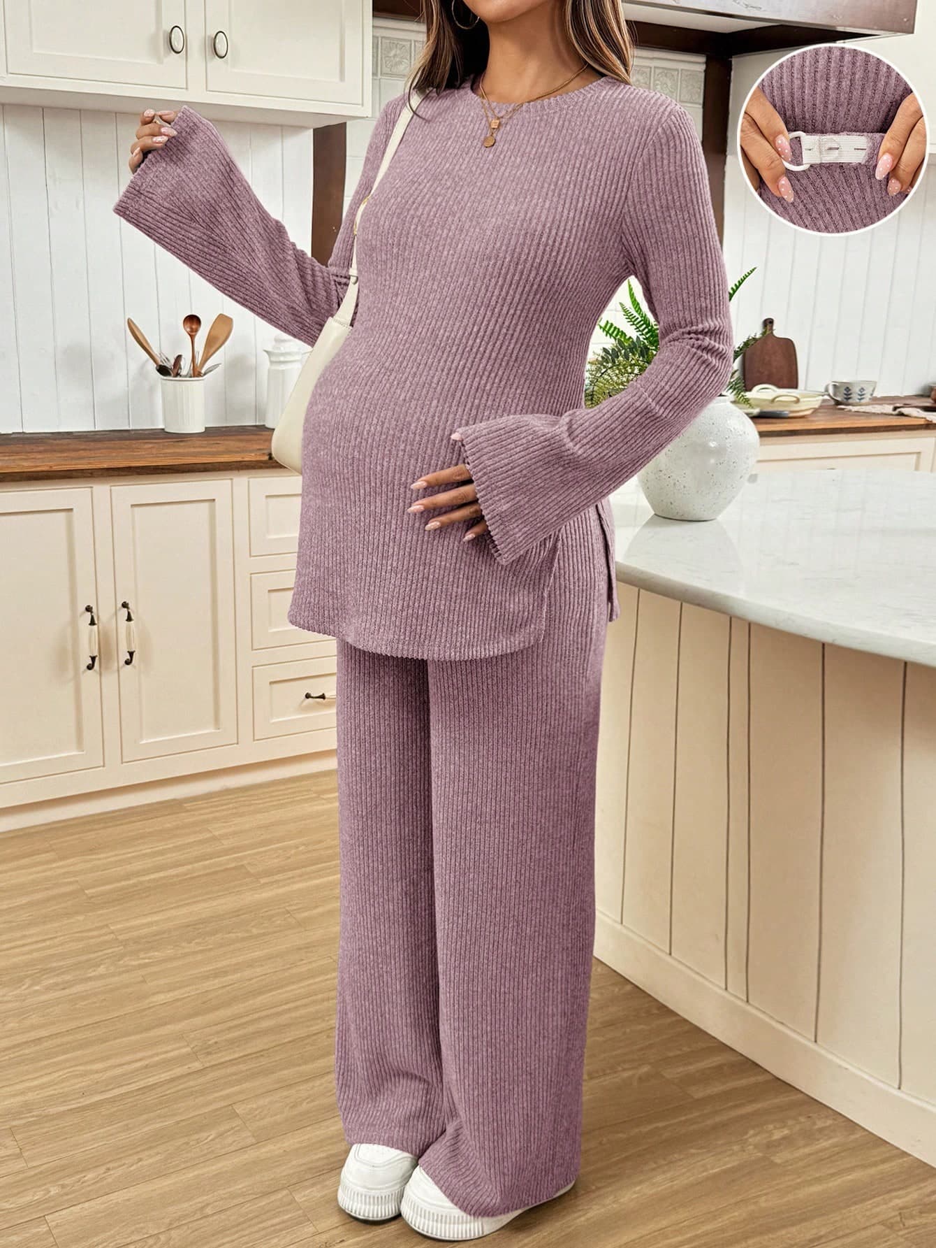 SHEIN 2pcs Maternity Set,Cerise Pink Autumn Casual Everyday Solid Round Neck Long Sleeve Side Slit T-Shirt And Adjustable Waist Pants Lounge Sleep Wear