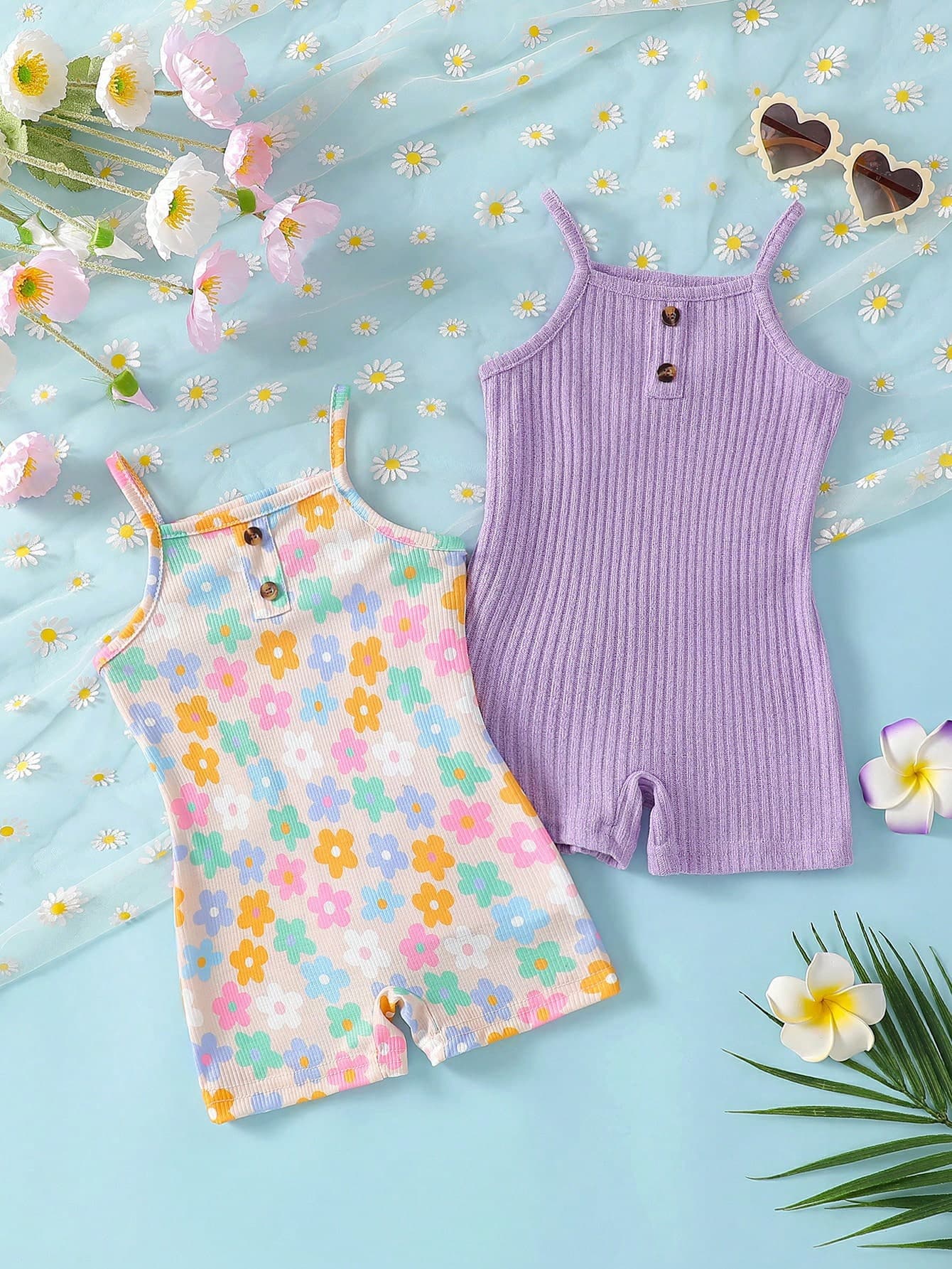 SHEIN Baby Girls' Casual Comfortable Colorful Floral Print Strap Romper 2-Piece Set