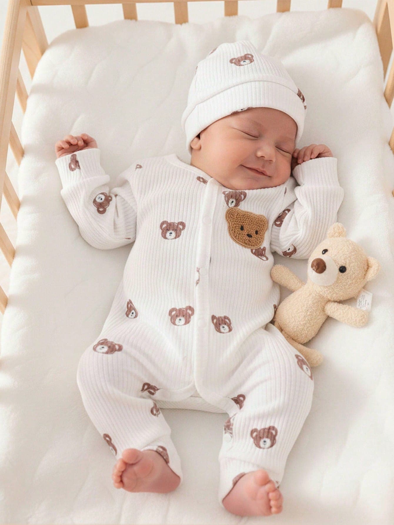 SHEIN Vintaside Kids Newborn Baby Beige Bear Pattern Long Sleeve Jumpsuit With Hat Set