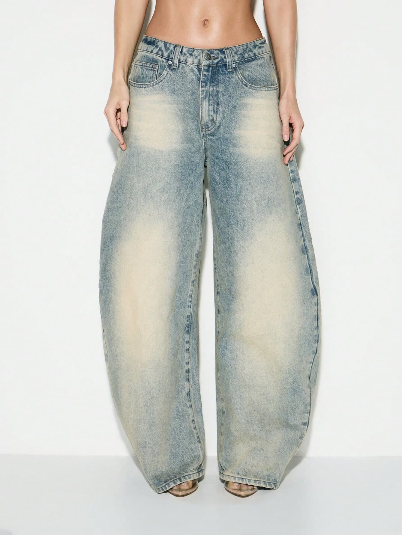 KIZN Wide Leg High Rise Light Wash Denim Jeans With Distressed Bleached Crackle Finish Casual Palazzo Style Pants