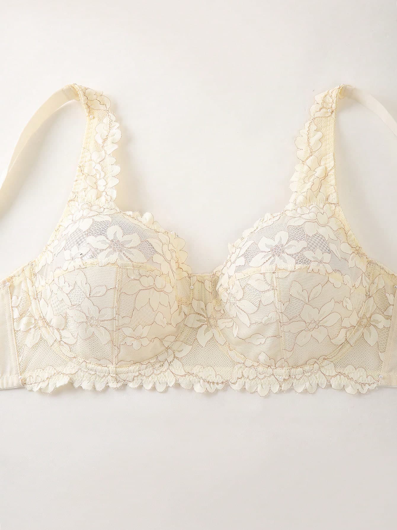 DesireSculpt Fashionable, Romantic, French-Style Sexy See-Through Gold Floral Lace Padded Bra; Adjustable Wide Straps; Plus Size Bra; Lace Push-Up Bra.