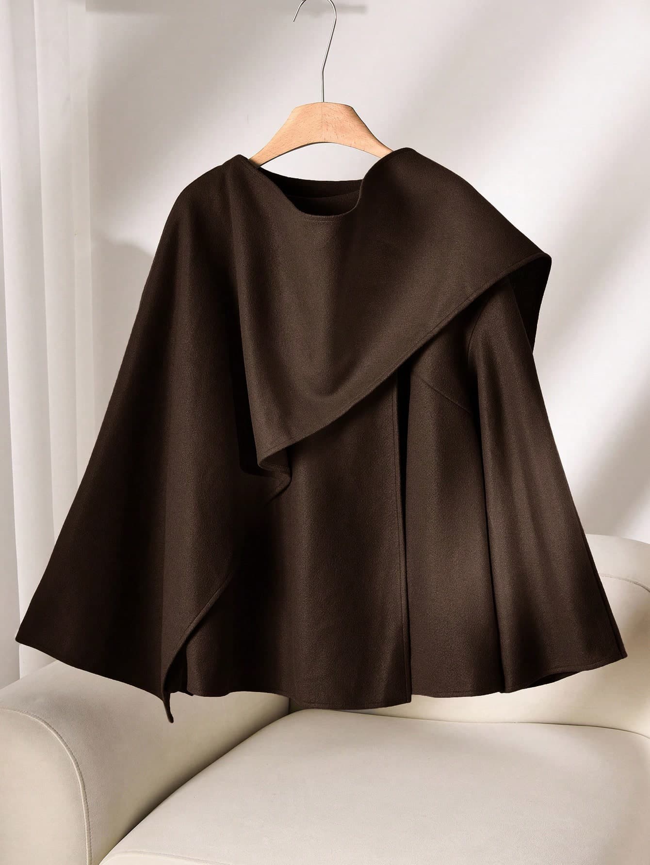 CosyJoli Plus Size Women Solid Color Scarf Collar Loose Casual Jacket, Autumn/Winter Brown