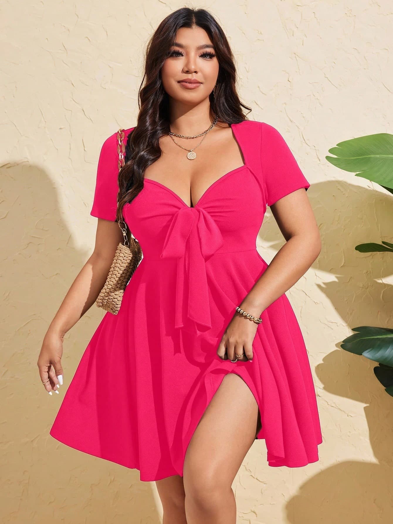 Vionelle Sunspun Plus Size Women's Sexy Front Tie Short Sleeve Bodycon Dress, Summer,Pink Dresses For Women,Elegant Dress