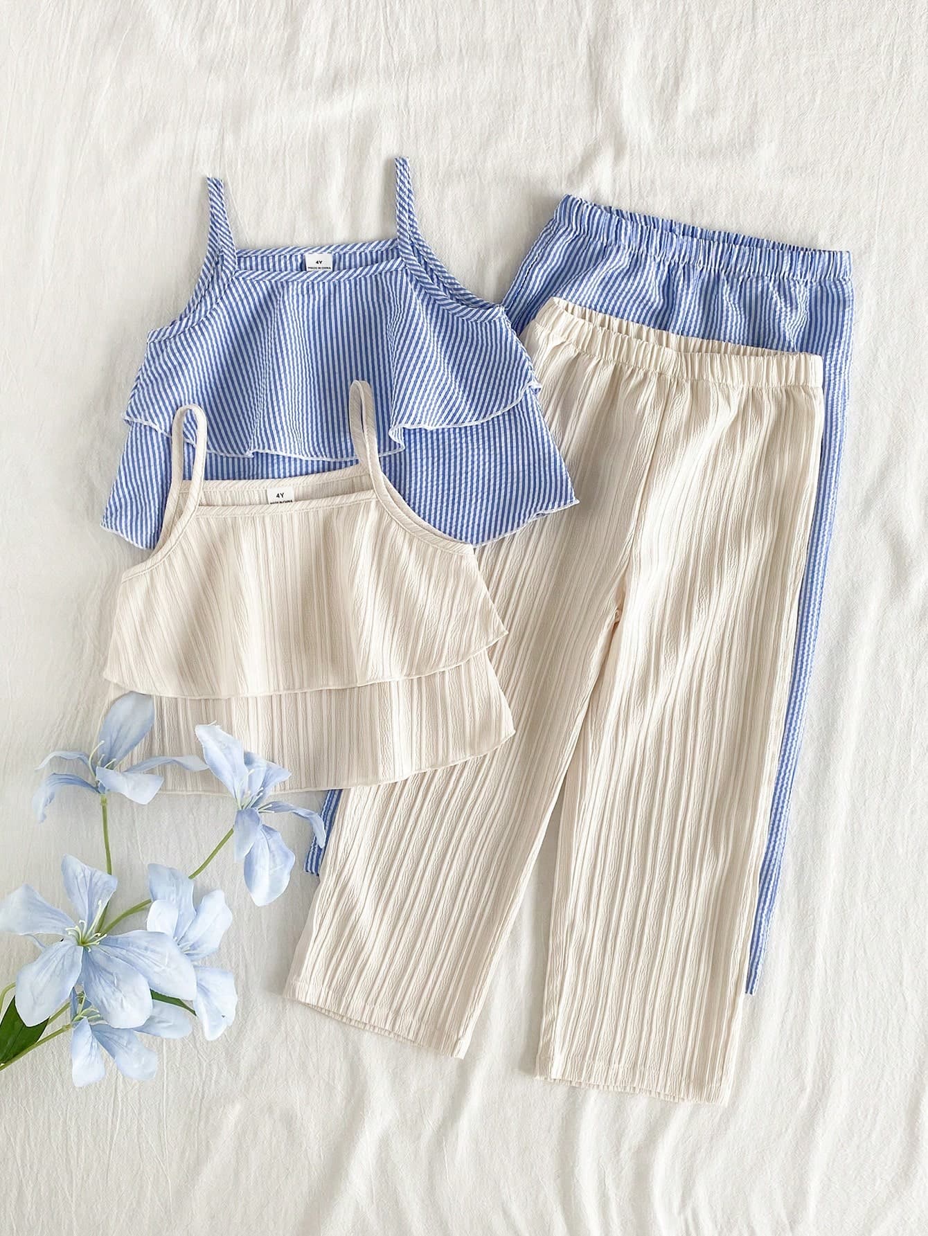 Vintaside Kids 4pcs Girls Casual Summer Matching Family Vacation Personalized Charm Camisole Top Paired With Relaxed Flowy Wide Leg Pants,Blue & Beige Vacation Wear