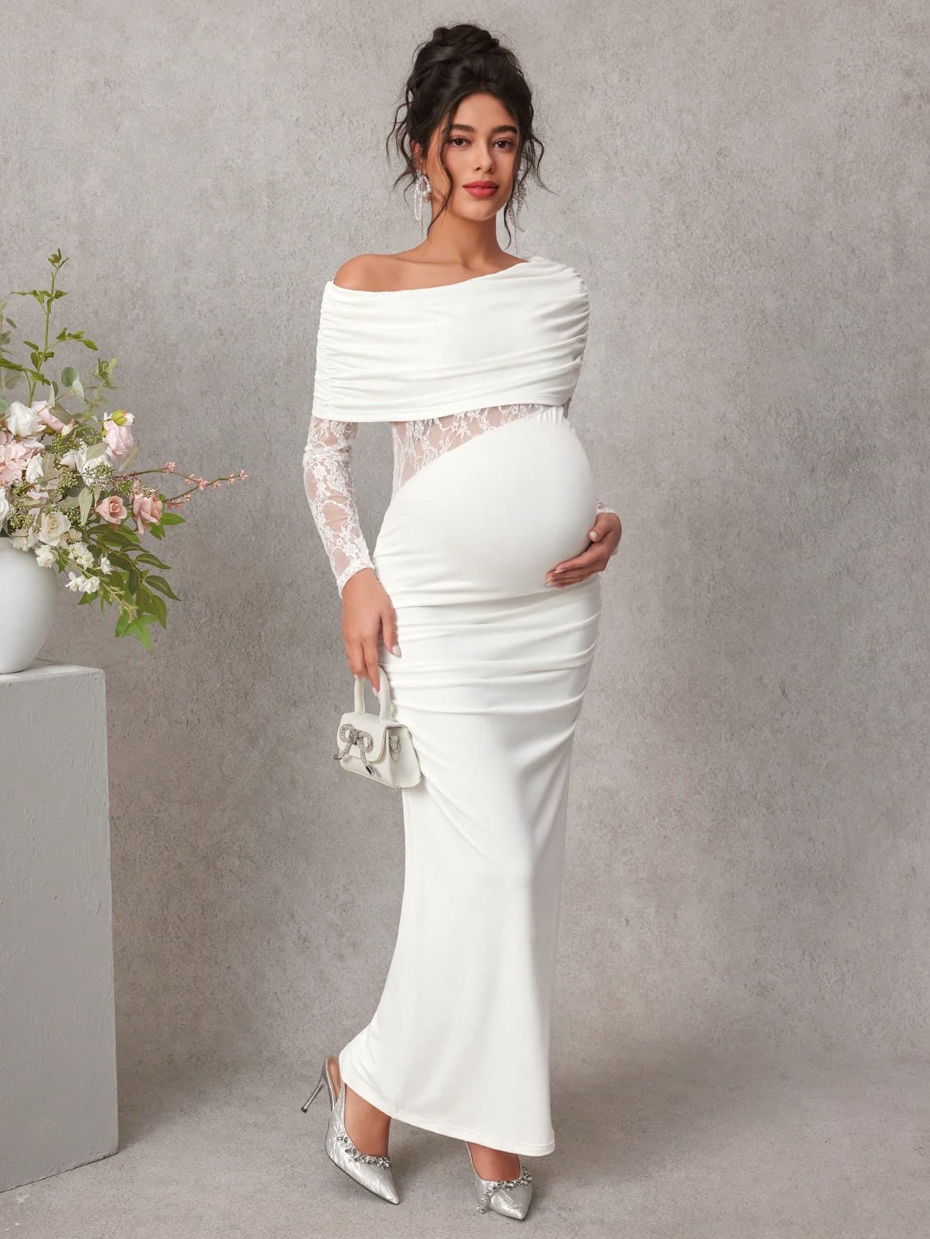 Momance Maternity Lace Patchwork White Dress, Long Sleeve Elegant Fitted Dress For Pregnant Women, Spring/Autumn Fall Maternity Photoshoot Fall