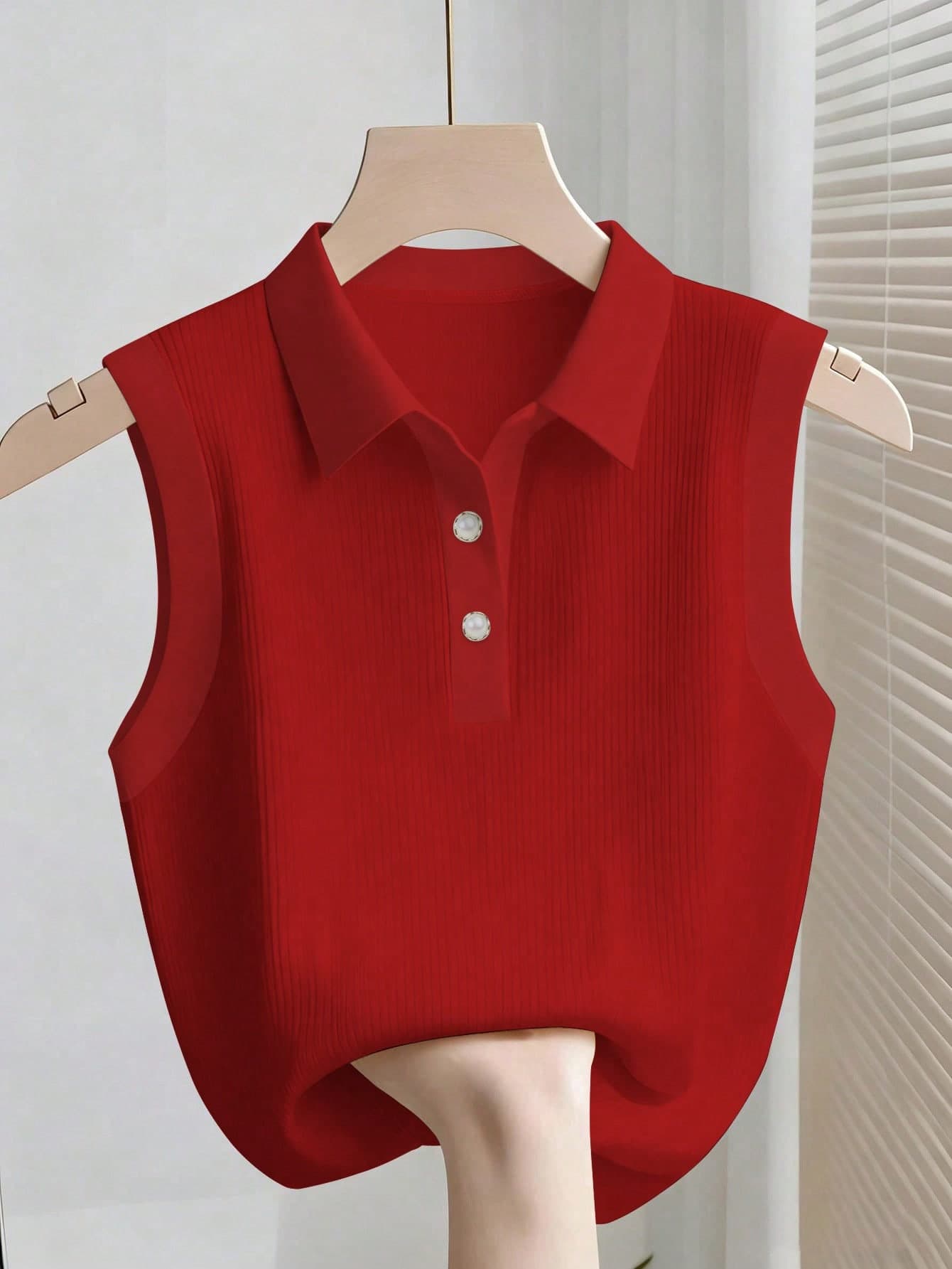 SHEIN Franclia Women's Fashionable & Elegant Red Sleeveless Polo Shirt,Summer Casual Golf Ribbed Tank Top With Quarter Button,Stylish Solid Blouse