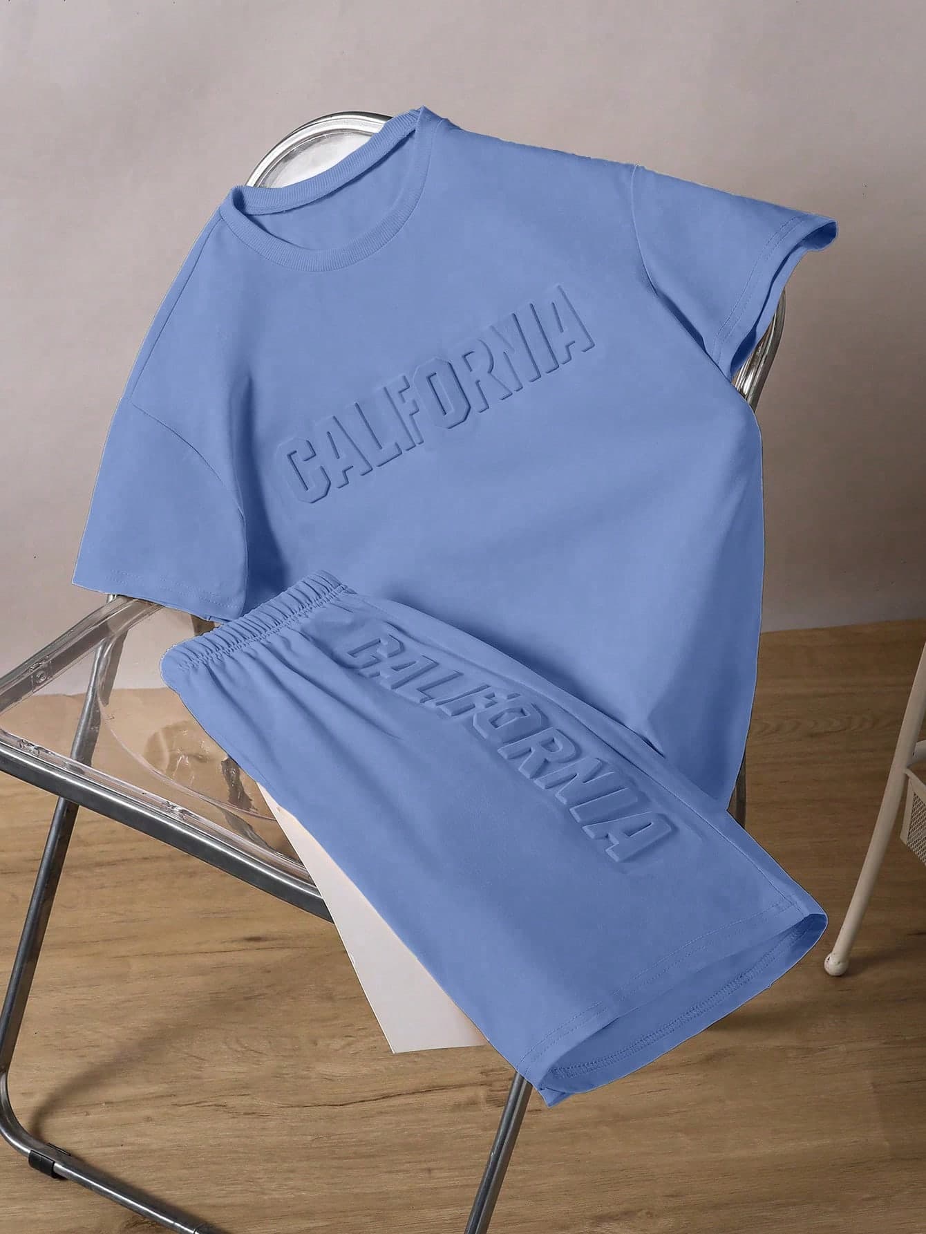 Mirajuku 2pcs Teenage Boys' Turquoise Casual Vacation Fashion Sports Short Sleeve T-Shirt And Shorts Set,3D Letter Print Minimalist Summer Streetwear Outfit