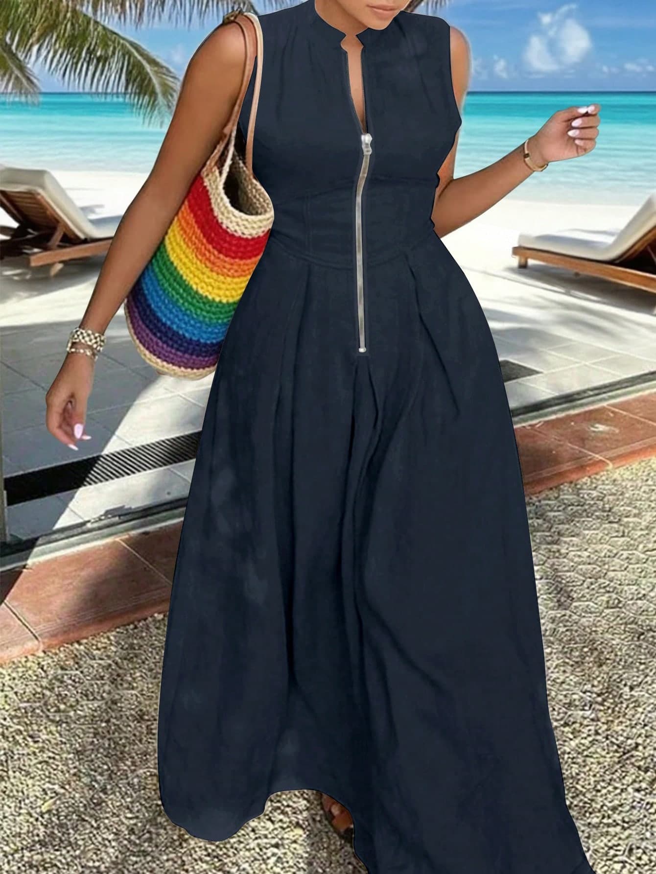 INAWLY Plus Size Summer Casual Zip Front Sleeveless Dress