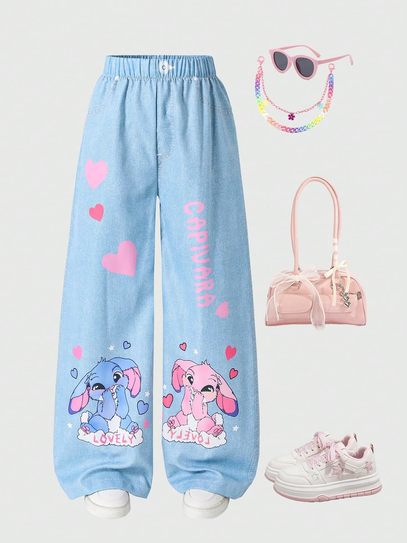 Sparklyn Tween Girls' Blue Cute Cartoon Print Faux Denim Wide Leg Pants,Loose Fit Elastic Waist School Back-To-School Winter Casual Fashion Streetwear Pants