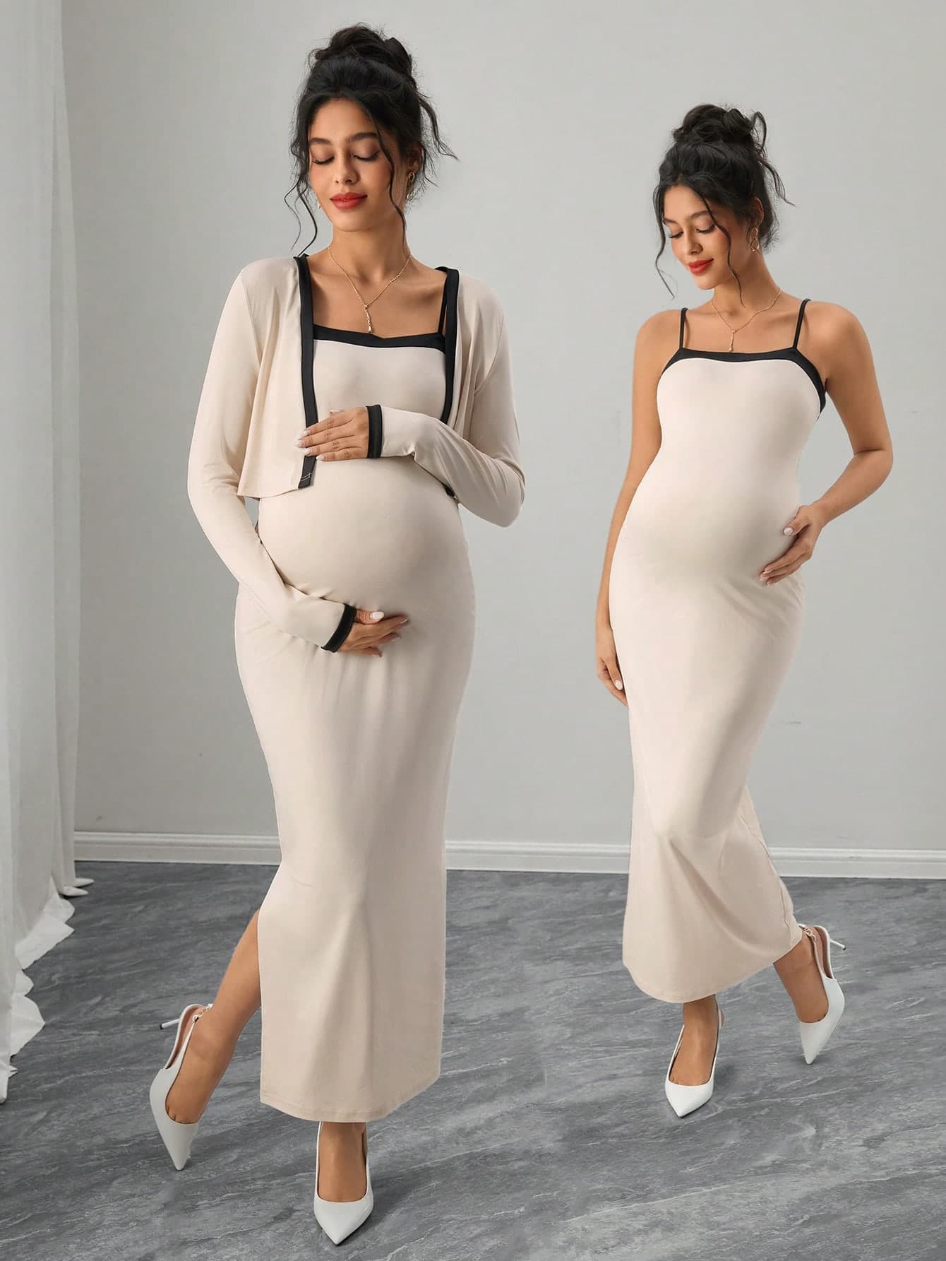 Momance 2pcs Maternity Outfit: Contrast Color Minimalist Casual Sleeveless Dress Long Sleeve Jacket Set Spring Maternity Photoshoot Fall