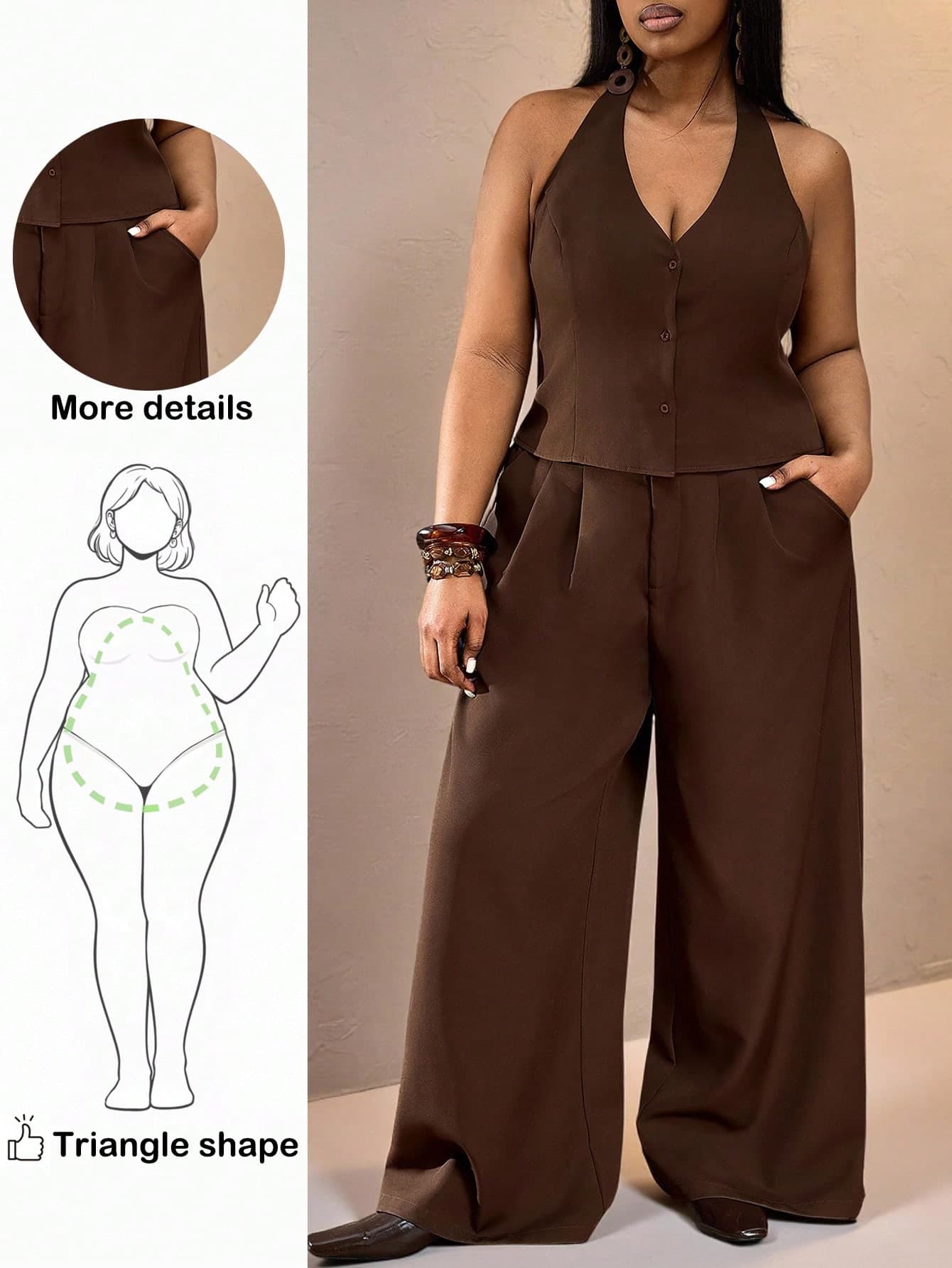 Truni Plus Size Women Sleeveless Top And Loose Pants Set,Chocolate Brown,Summer,Elegant,Office Commuting Swing Suit For Pear Triangle ,2026