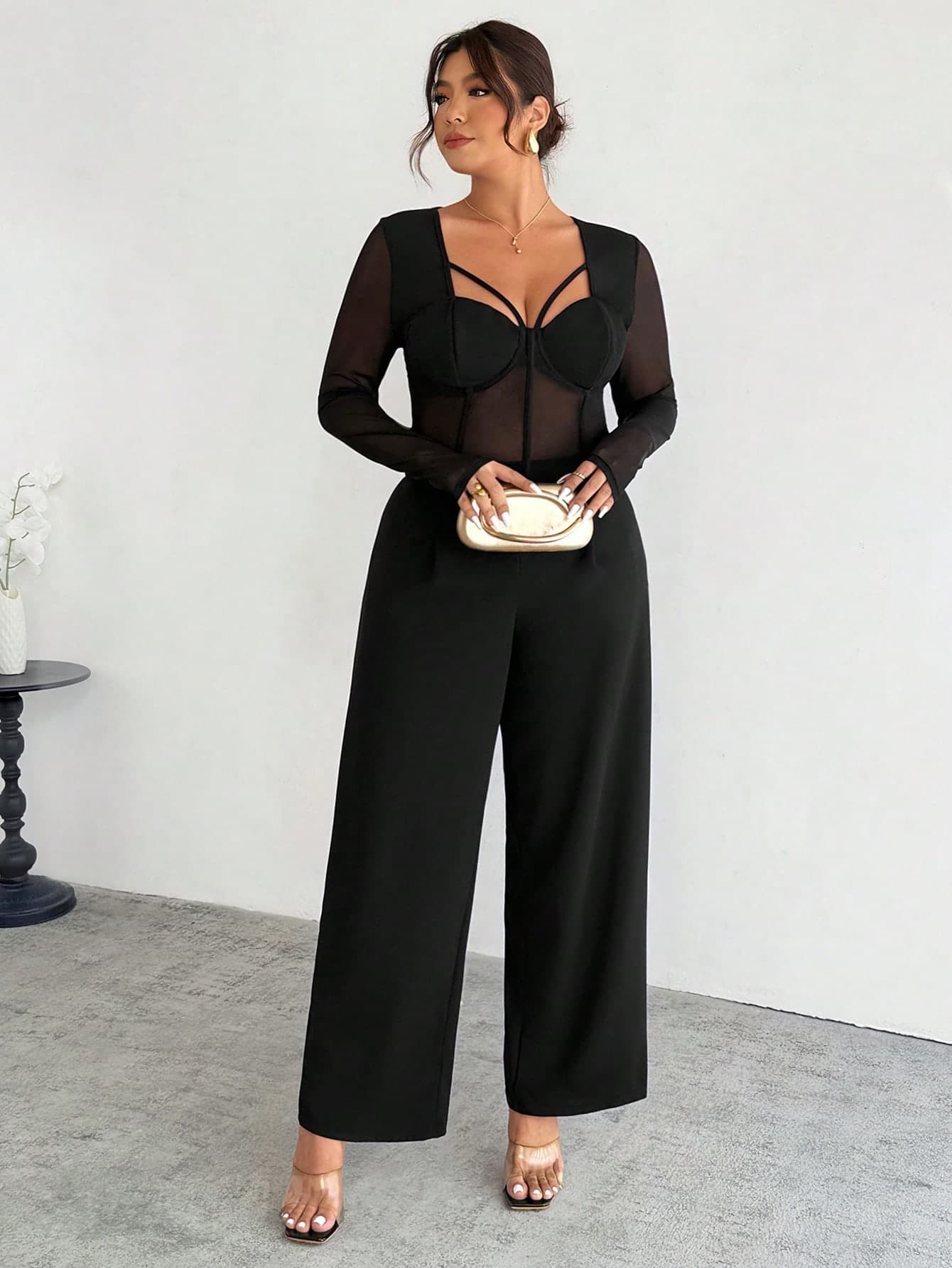 Firerie Plus Size Elegant Black Autumn Formal Evening Night Out Club Sheer Mesh Bodysuit,Sophisticated Lace-Up Hollow Halter Top Outfits For Women