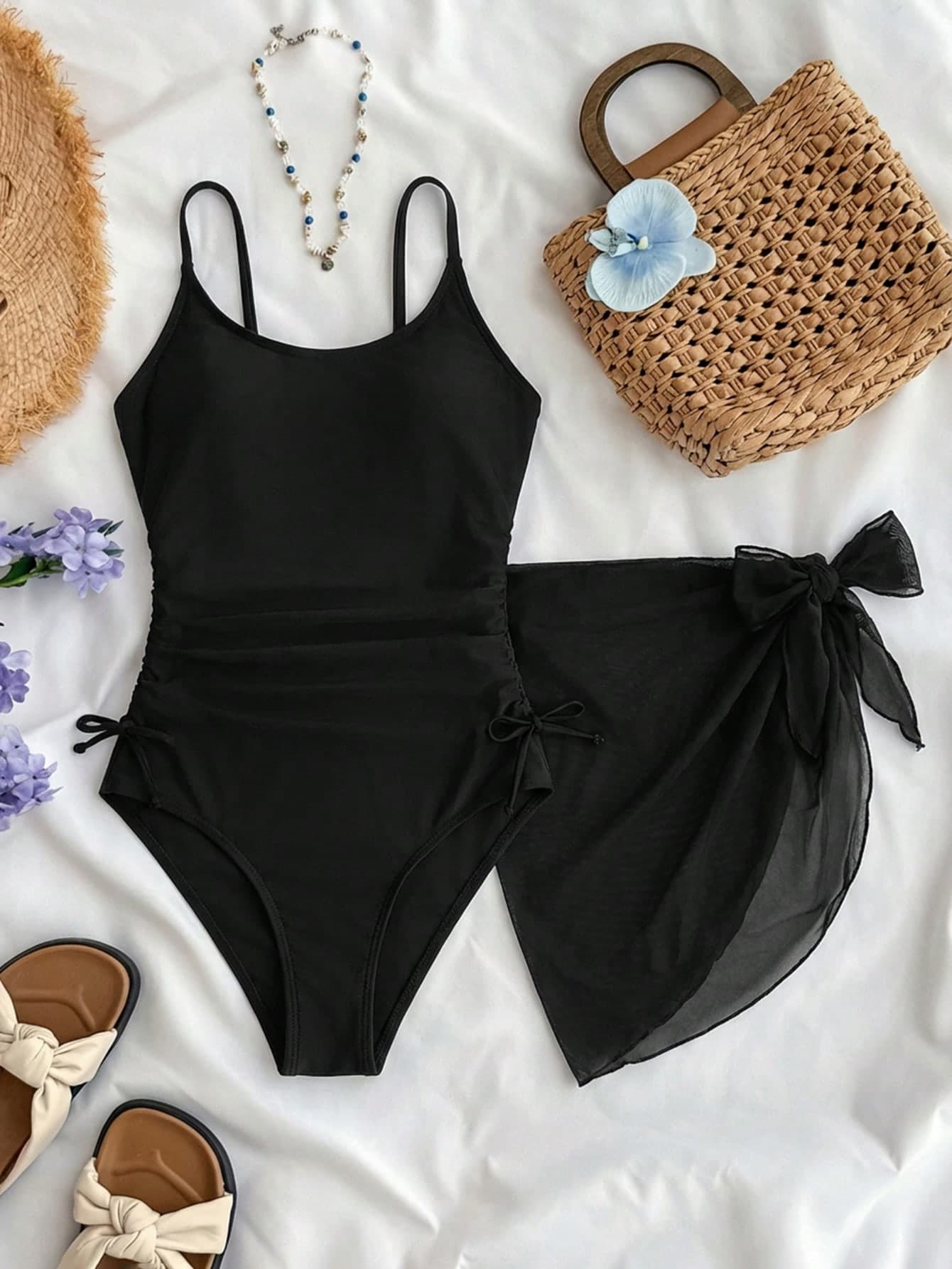SHEIN Teen Girls Blue White Vacation Ditsy Floral Side Bow Decor Casual One-Piece Swimwear With Cover-Up Skirt