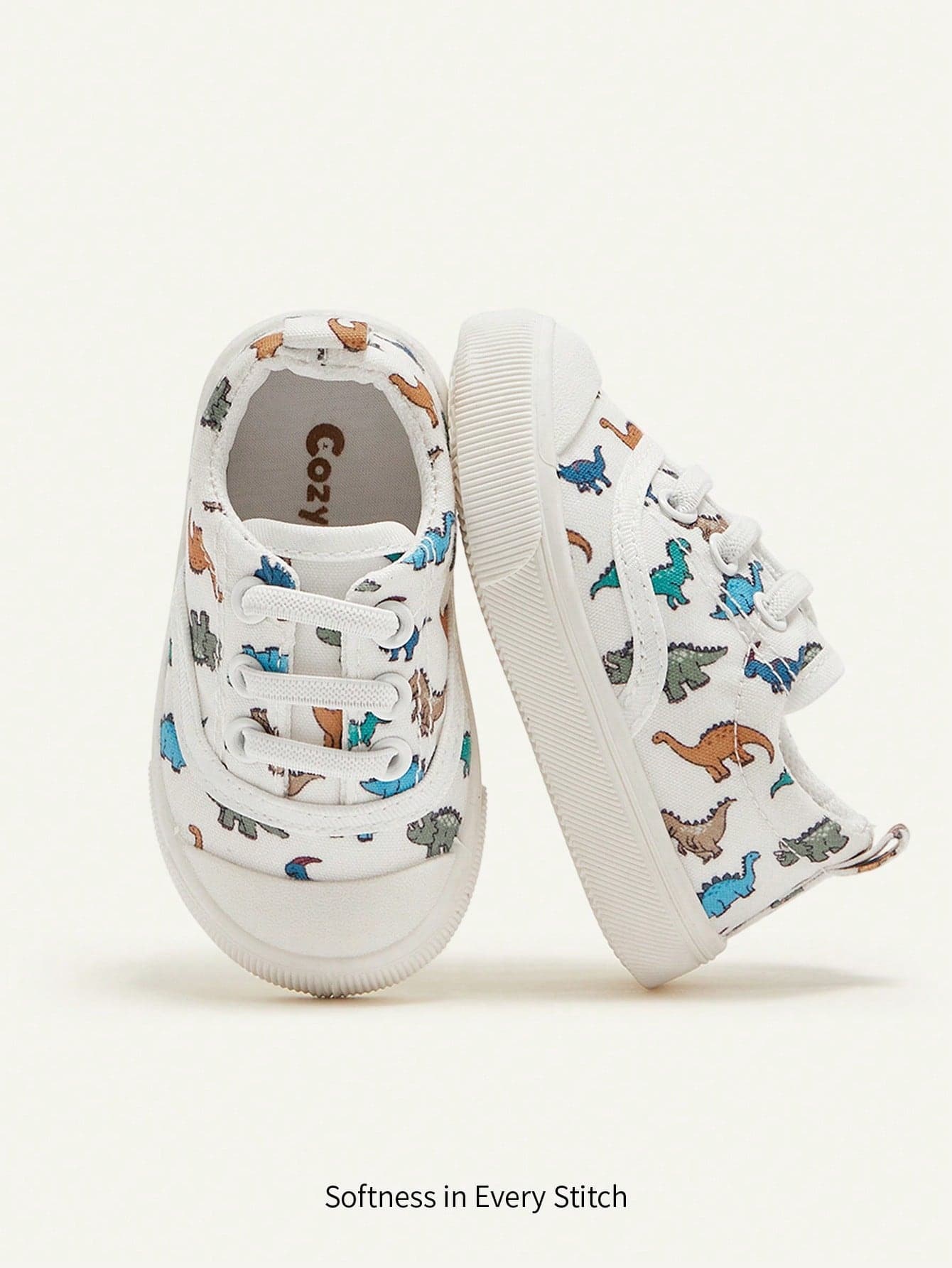 Cozy Pixies 1 Pair Toddler Boys' Cartoon Dinosaur White Fashionable Lace-Up Casual Lightweight Sneakers, Suitable For Daily Wear, Spring/Autumn