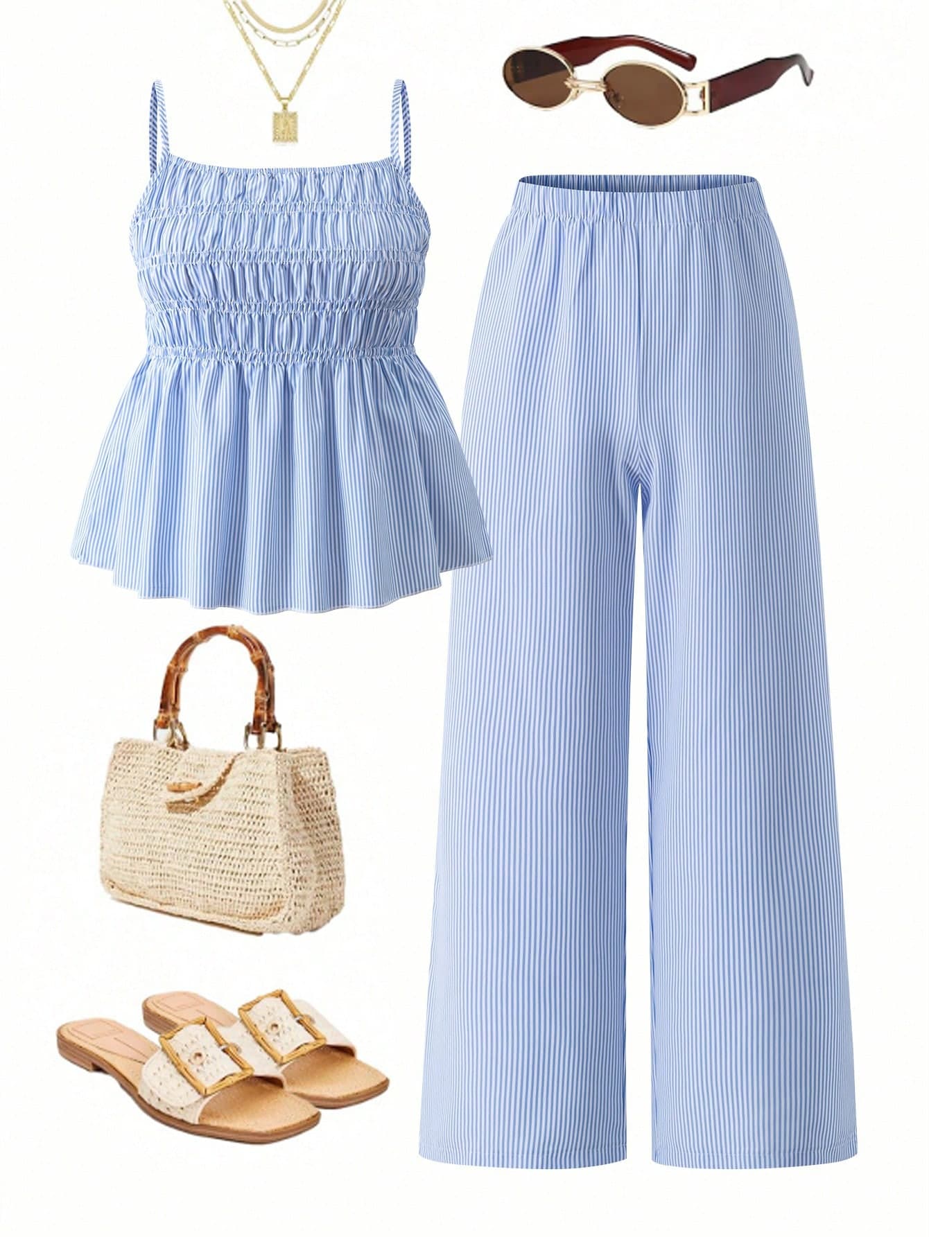 2pcs/Set Teen GirlCasual Camisole Top And Wide Leg Pants Set, Woven Fabric, Elastic Waist, Summer