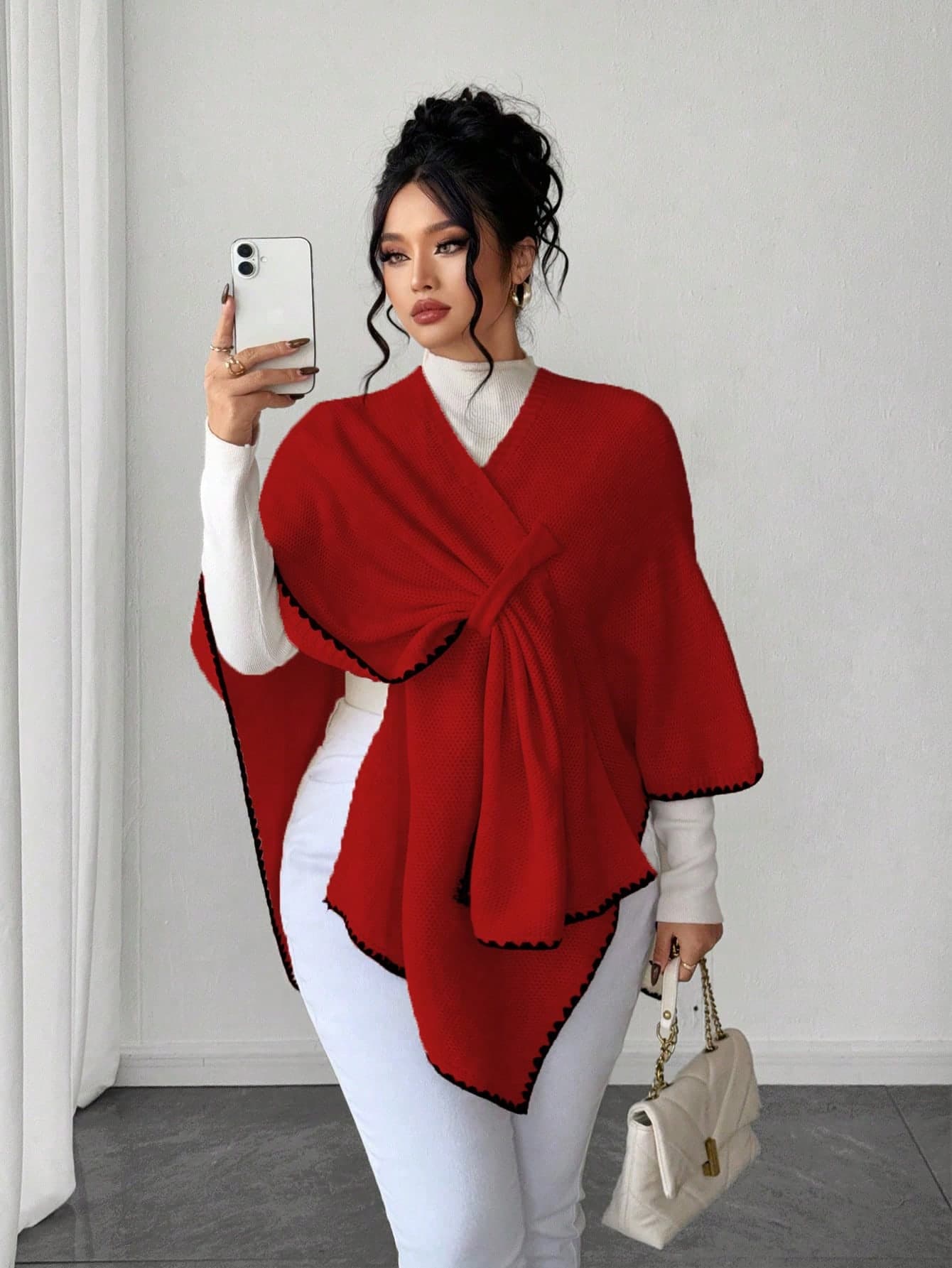 Elenzga Women's Elegant Loose Fit Plus Size Sweater, Suitable For Autumn/Winter Outerwear Scarf Top Red For Women