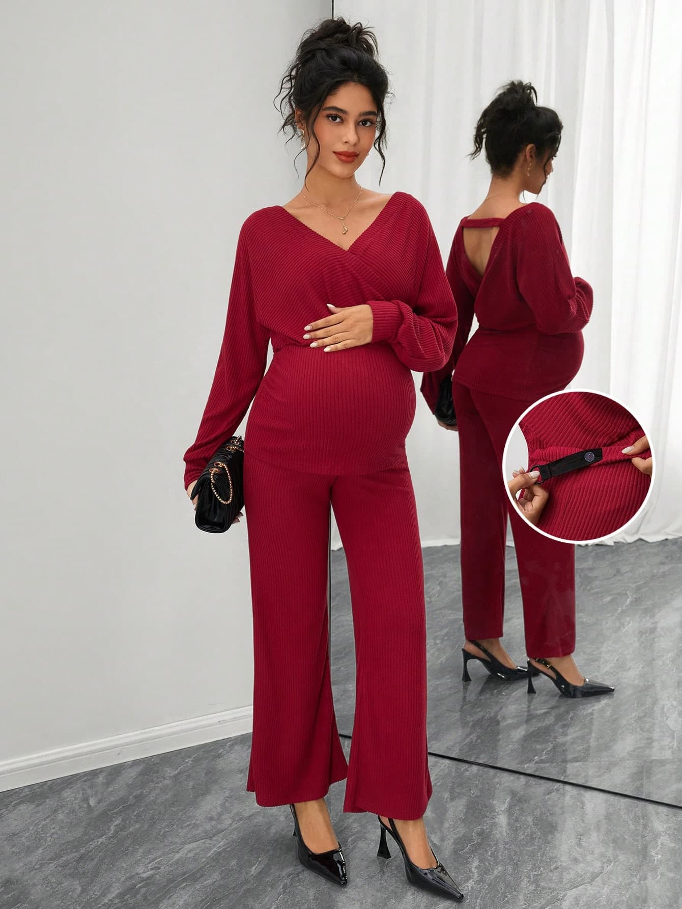 SHEIN 2pcs Maternity Casual Ribbed V-Neck Top & Pants Set