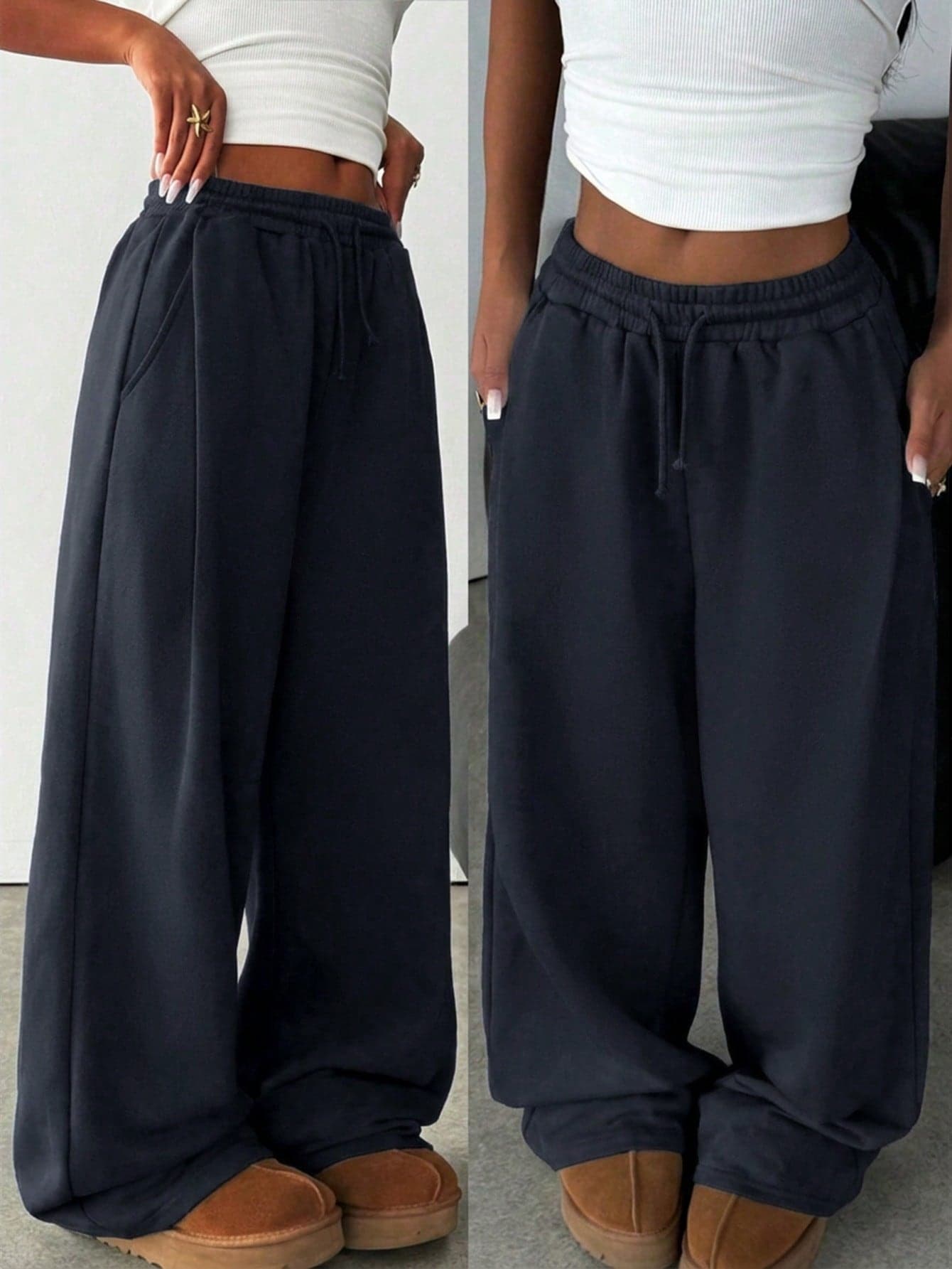 SHEIN Teen Girl Navy Blue Loose Casual Drawstring Pocket Wide Leg Sweatpants Comfy Pants Baggy Pants Black Sweatpants Loose Pants