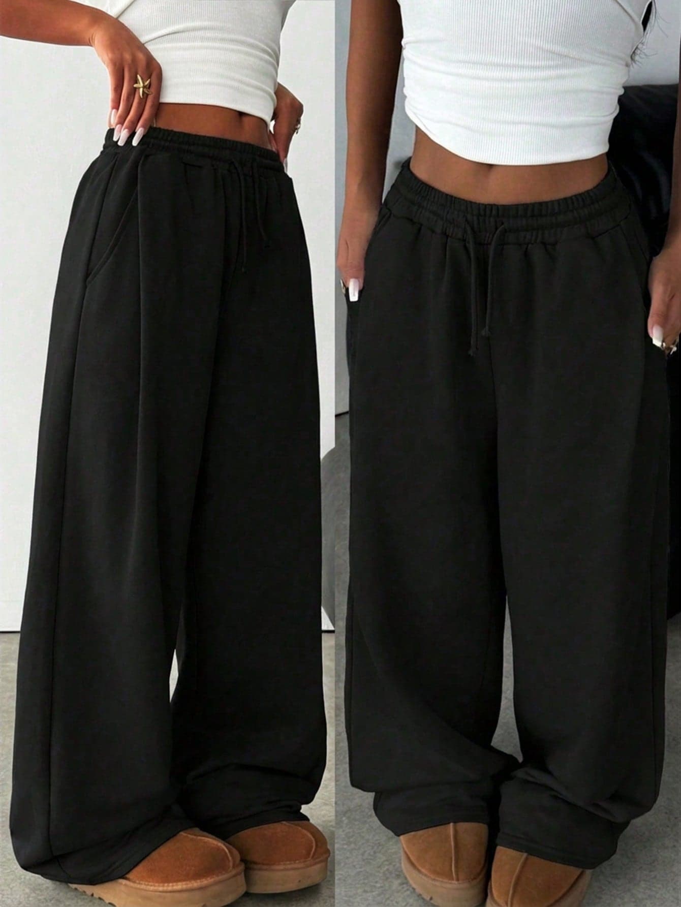 SHEIN Teen Girl Solid Black Knit Loose Casual Drawstring Pocket Wide Leg Sweatpants