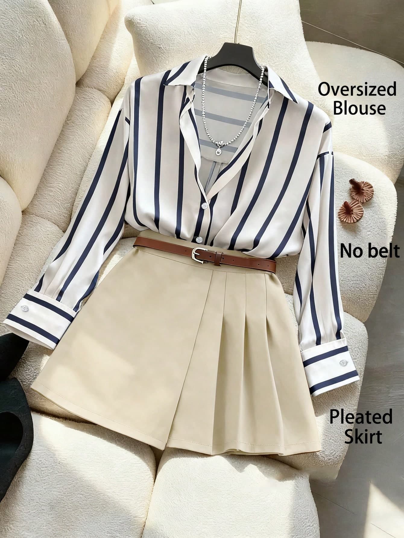 GlowEve Striped Shirt & Asymmetric Pleated Skorts, Elegant 2-Piece Set For Women