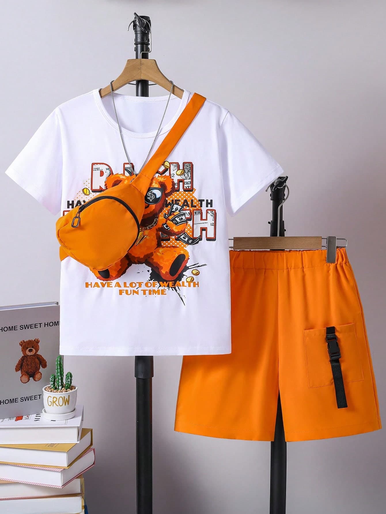 SHEIN Coolqubz 3pcs/Set Older Kids Boys Cute Bear Print T-Shirt, Cargo Pocket Shorts & Cross-Body Bag, Spring/Summer
